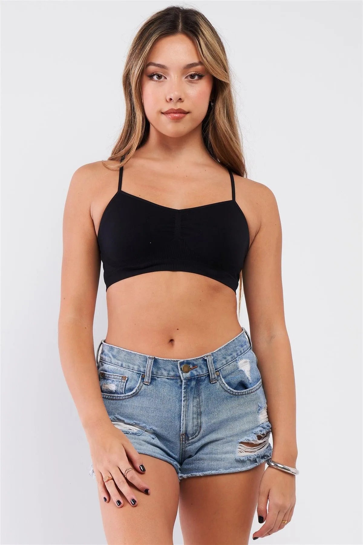 Black Solid Sleeveless Stretchy Sports Bra /3-2 - Tasha Apparel Wholesale