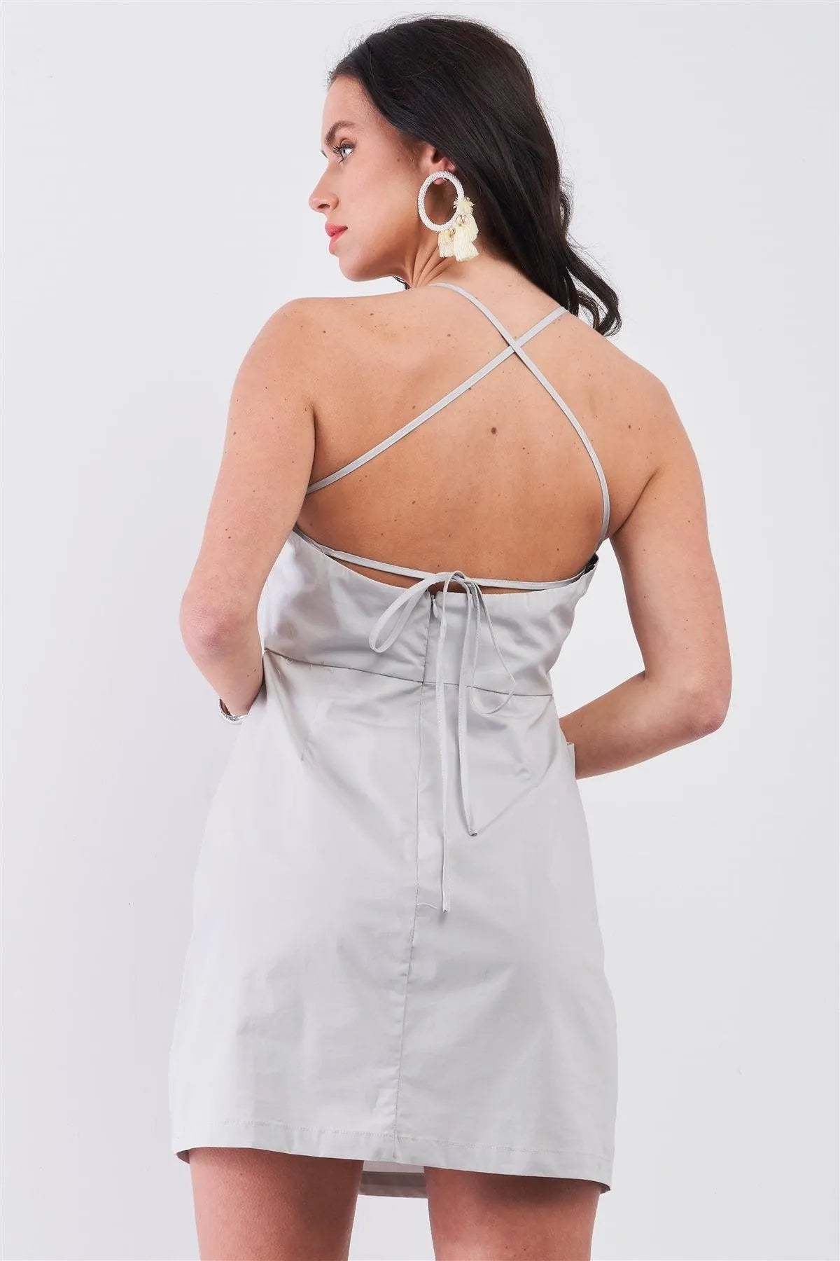Light Grey Sleeveless Back Cris Cross Straps Square Neck Side Pockets Apron Mini Dress /1-2-3-1 - Tasha Apparel Wholesale