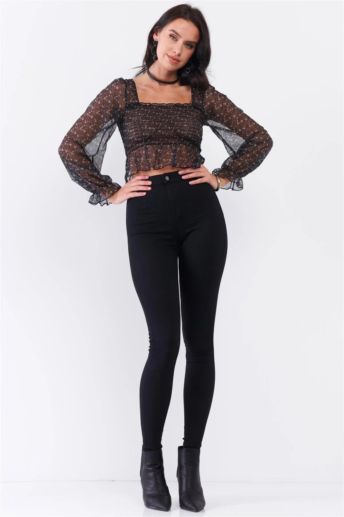 Black Floral Sheer Mesh Balloon Sleeve Criss-Cross Back Detail Smock Crop Top /3-2-1 - Tasha Apparel Wholesale