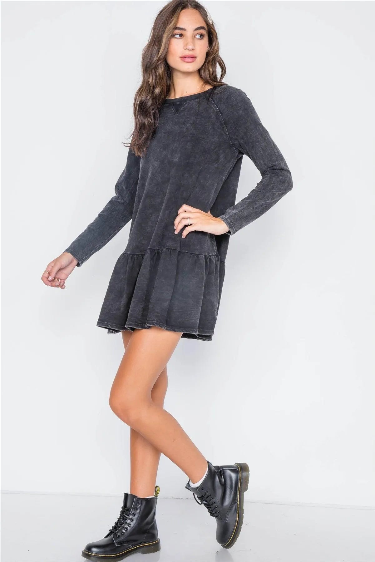 Black Casual Shirred Hem Long Sleeve Dress - Tasha Apparel Wholesale