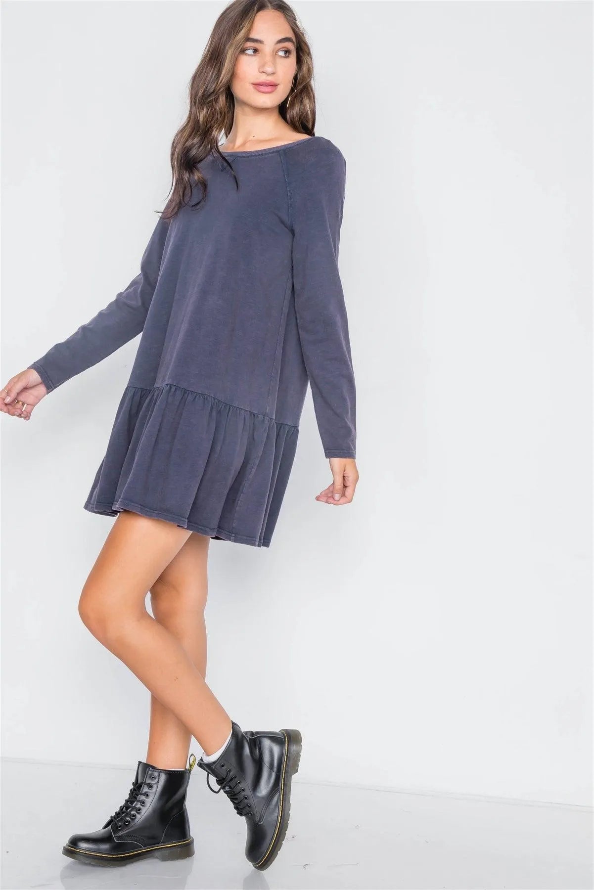 Navy Casual Shirred Hem Long Sleeve Dress / 2-2-2 - Tasha Apparel Wholesale