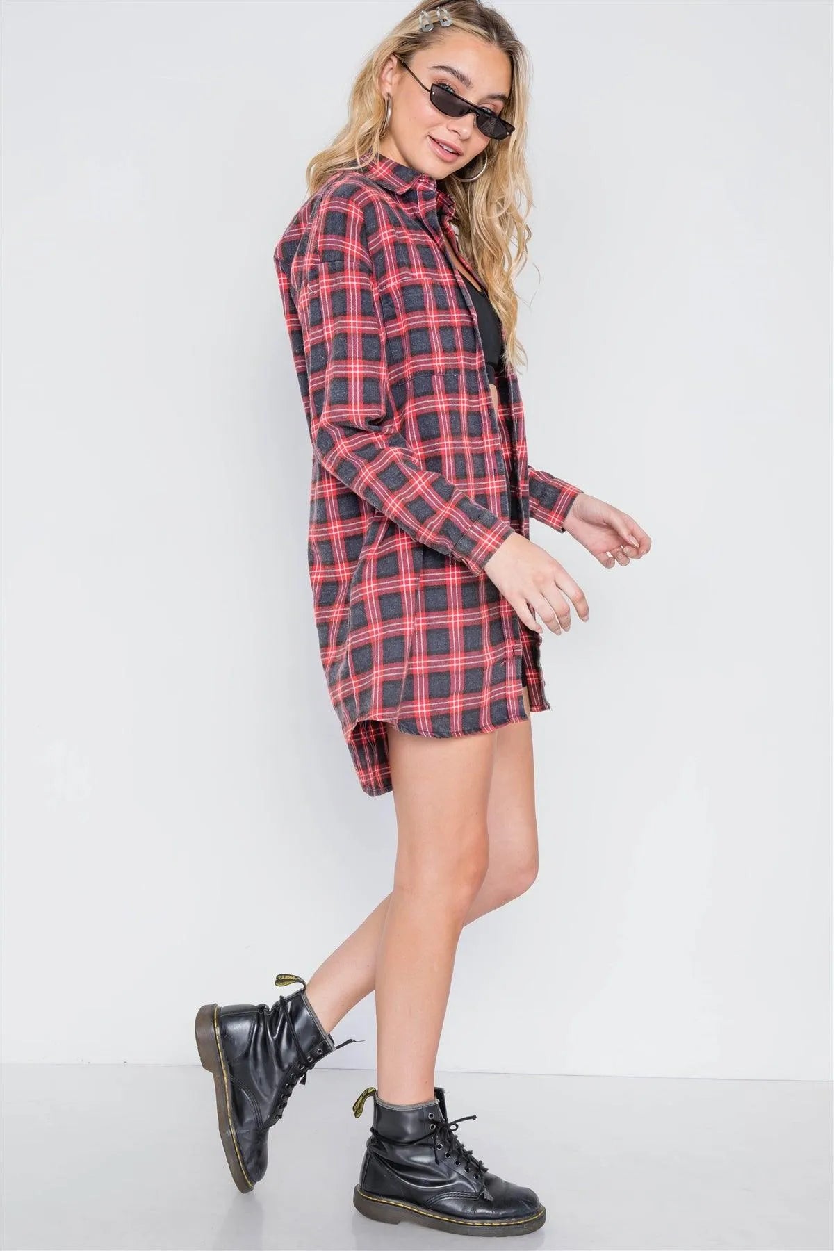 Red Plaid Button Down Long Sleeve Shirt Dress /1-3-2 - Tasha Apparel Wholesale