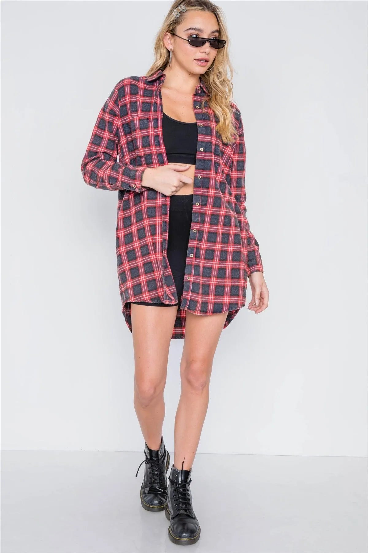 Red Plaid Button Down Long Sleeve Shirt Dress /2-3 - Tasha Apparel Wholesale