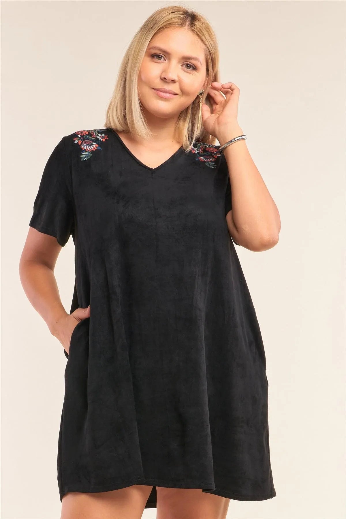 Junior Plus Size Black Suede Floral Print Detail Relaxed Fit V-Neck Mini Dress /3-2-1 - Tasha Apparel Wholesale