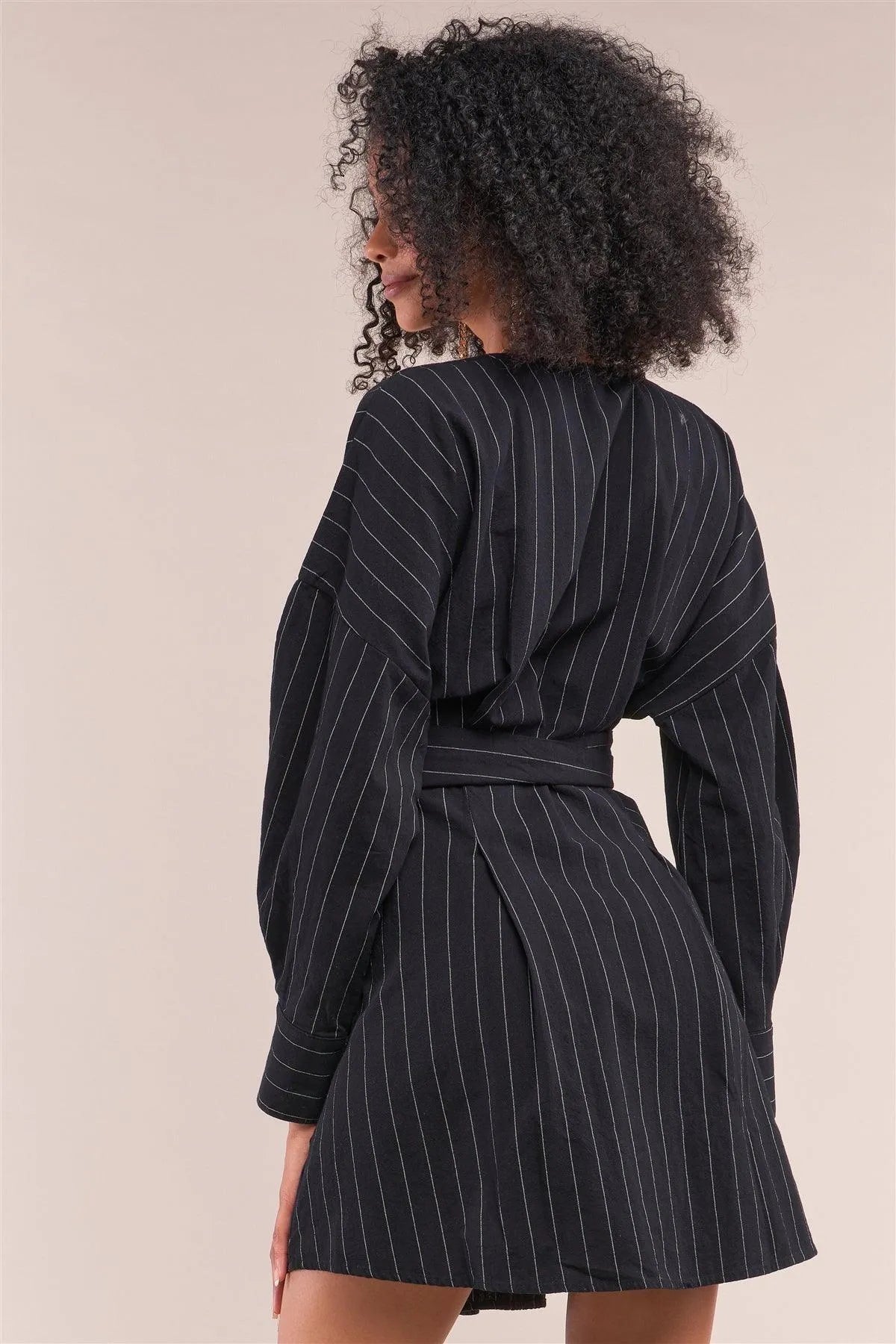 Black Pinstriped Long Puff Sleeve Surplice Neck Wrap Mini Dress /2-2-2 - Tasha Apparel Wholesale