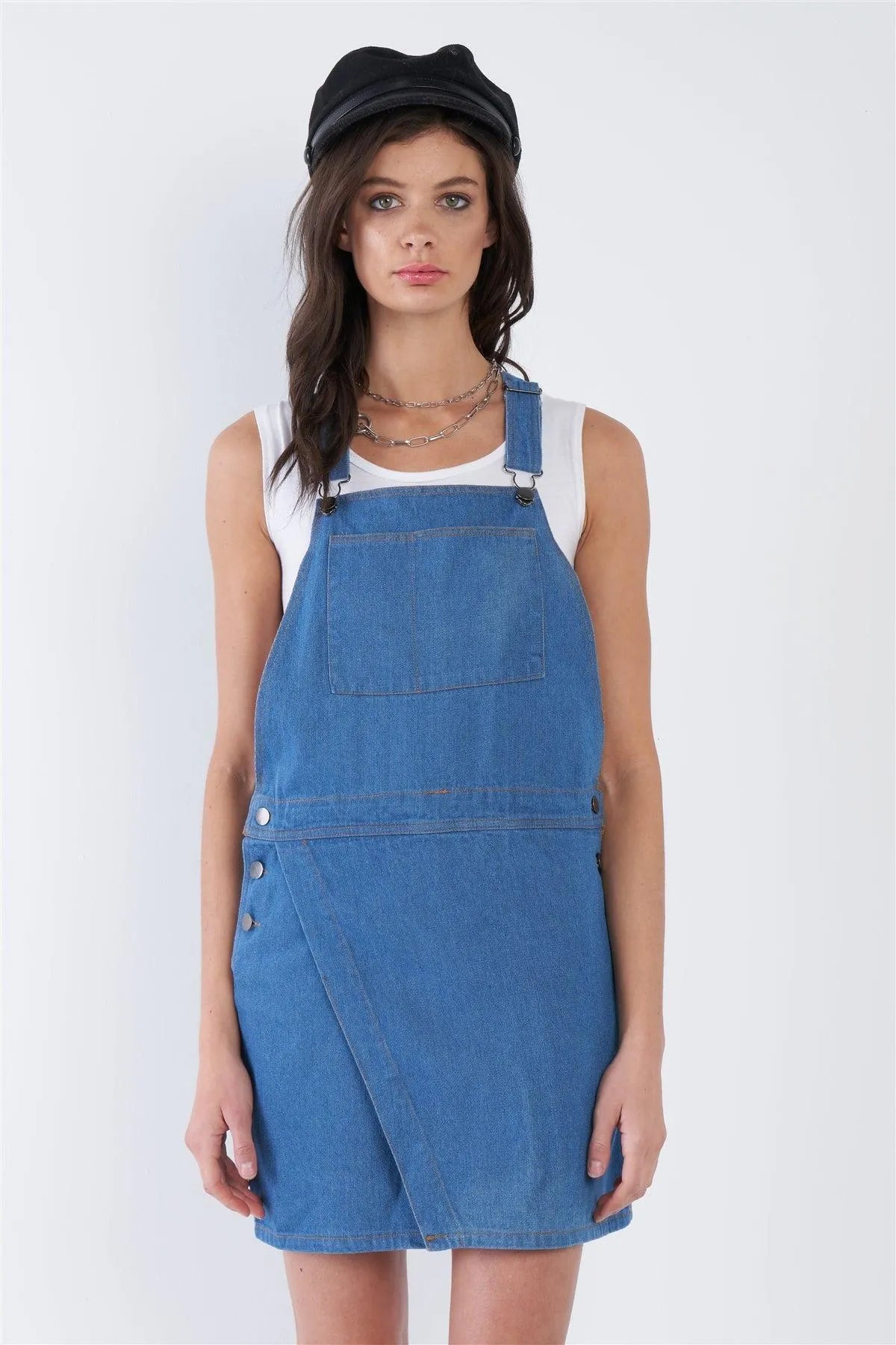 Wholesale Indigo Blue Cotton Casual Denim Overall Mini Jean Dress /1-1-2