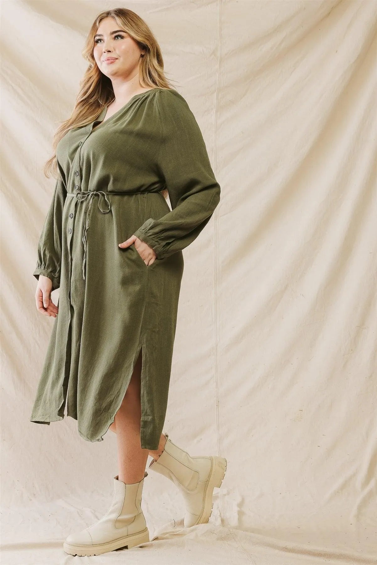 Junior Plus Olive Cotton Button-Up Two Pocket Belted Midi Dress /3-2-1 - Tasha Apparel Wholesale