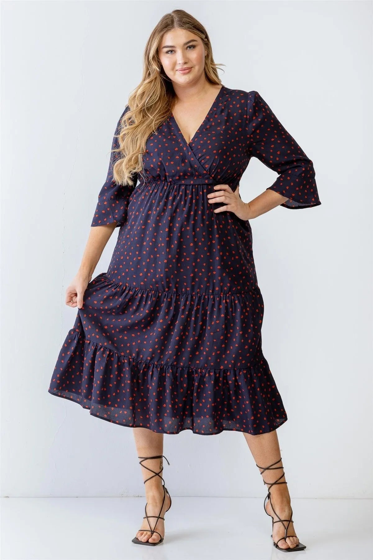 Junior Plus Navy Polka Dot Print Wrap V-Neck Midi Dress /3-2-1 - Tasha Apparel Wholesale