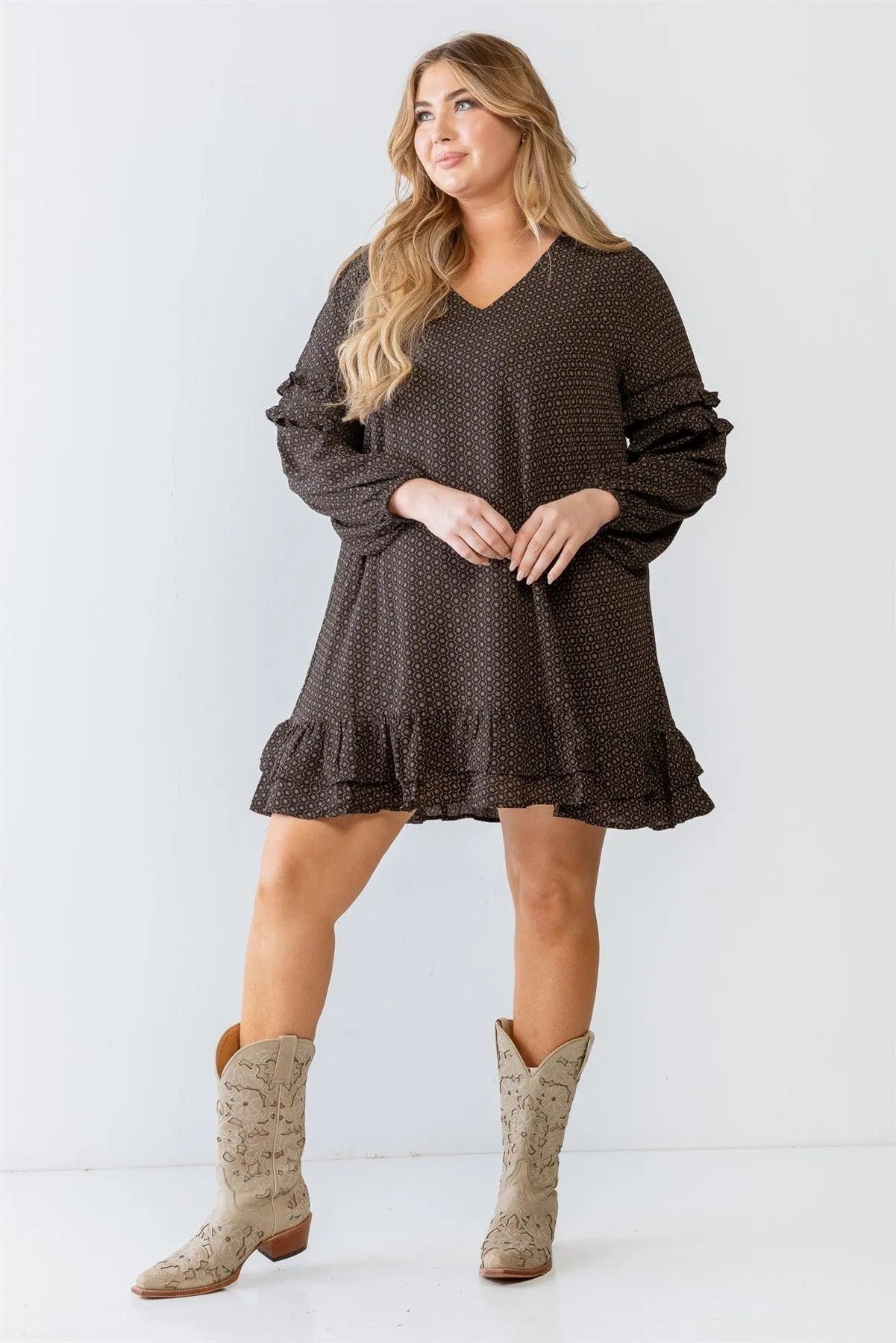 Junior Plus Black Floral Print Ruffle Mini Dress - Tasha Apparel Wholesale