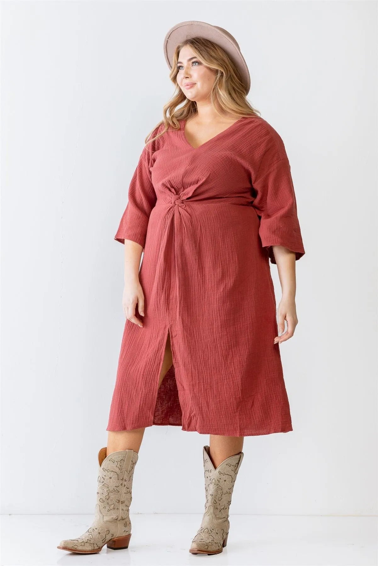 Junior Plus Brick Textured Cotton Material Wrap Detail Midi Dress /3-2-1 - Tasha Apparel Wholesale