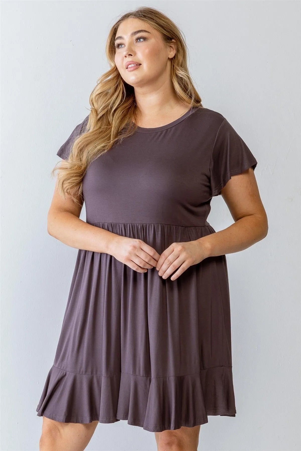 Junior Plus Charcoal Short Sleeve Flare Hem Mini Dress /3-2-1 - Tasha Apparel Wholesale