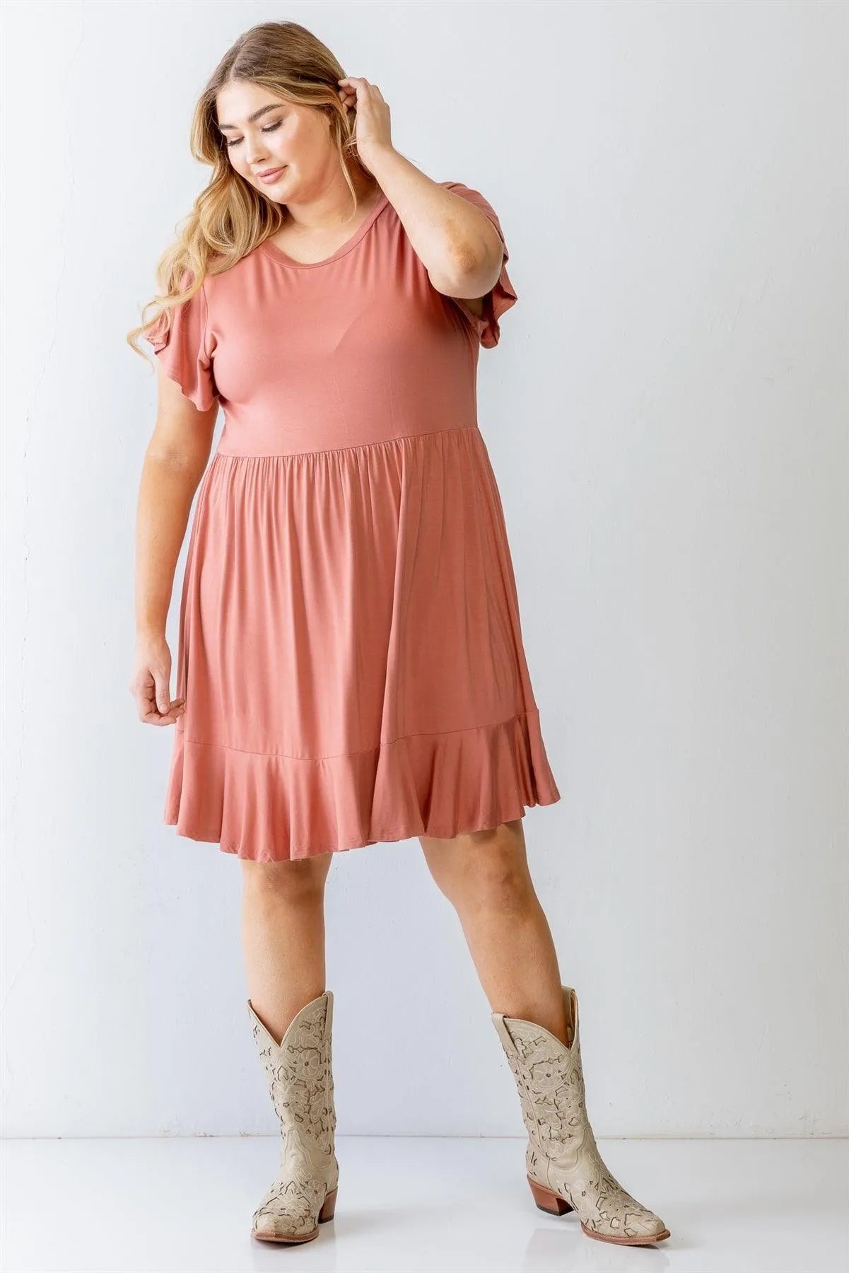 Junior Plus Rose Short Sleeve Flare Hem Mini Dress /3-2-1 - Tasha Apparel Wholesale