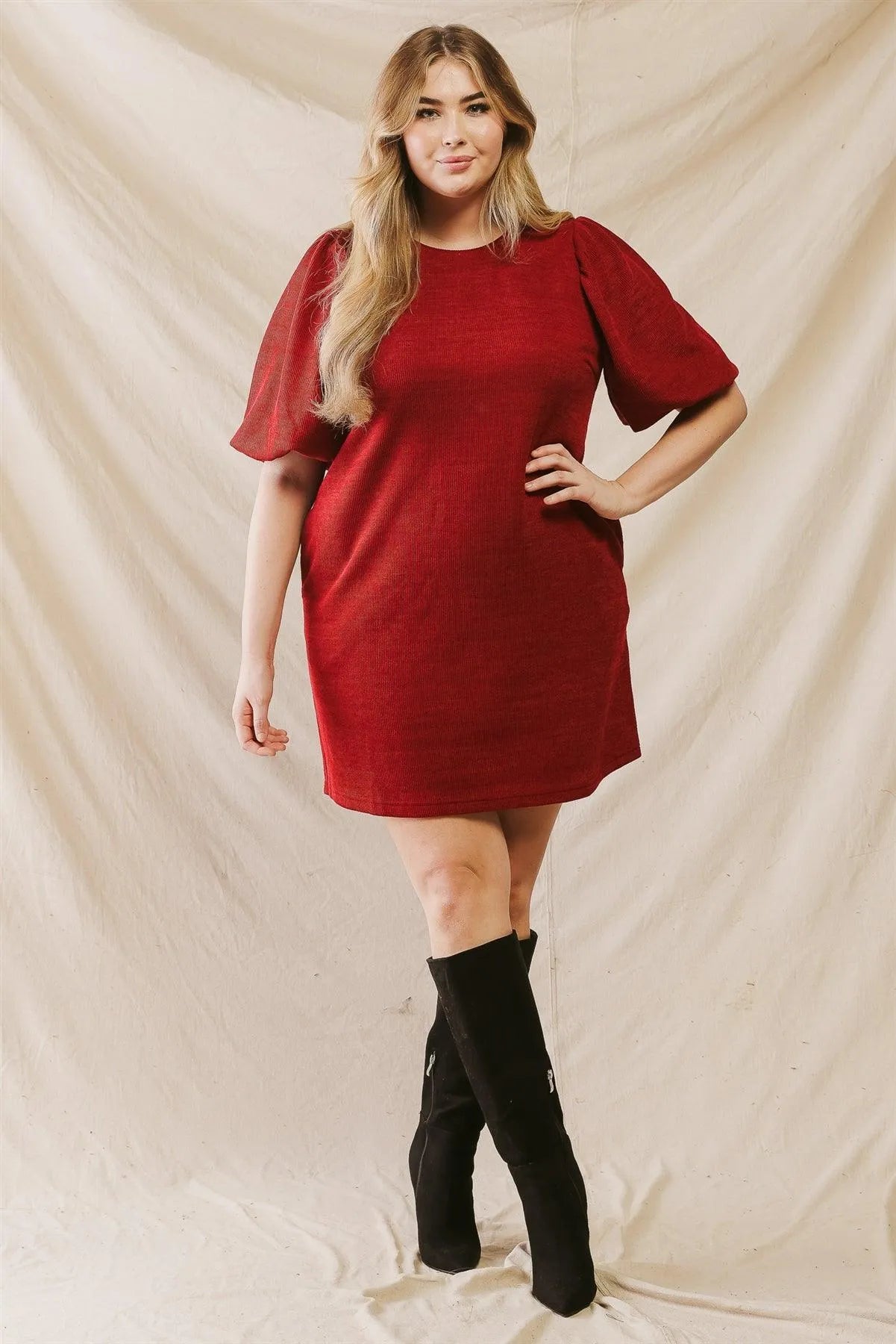 Junior Plus Wine Ribbed Puff Balloon Short Sleeve Two Pocket Mini Dress - Tasha Apparel Wholesale