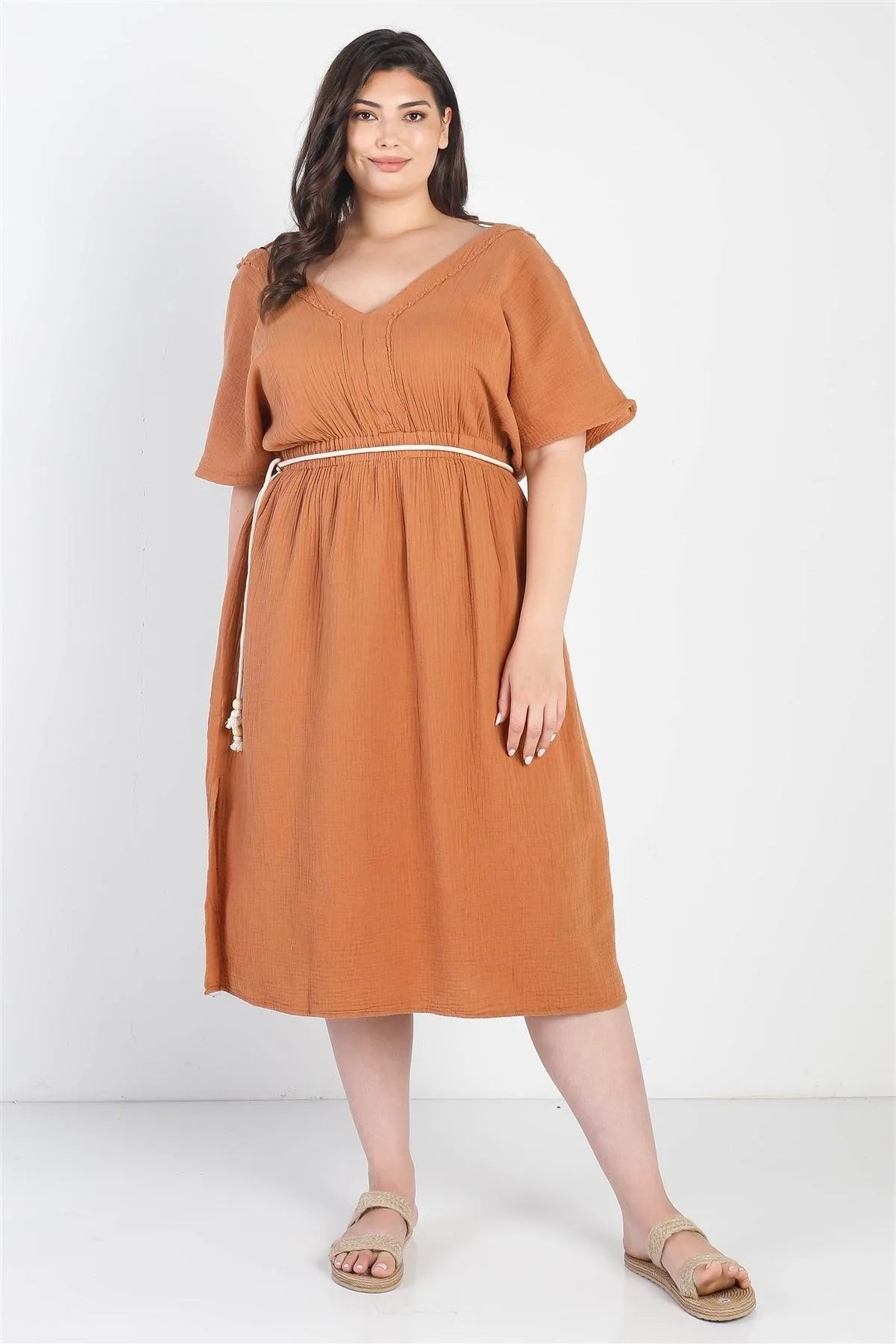 Junior Plus Sand Textured Trim V-Neck Belted Midi Dress /3-2-1 - Tasha Apparel Wholesale