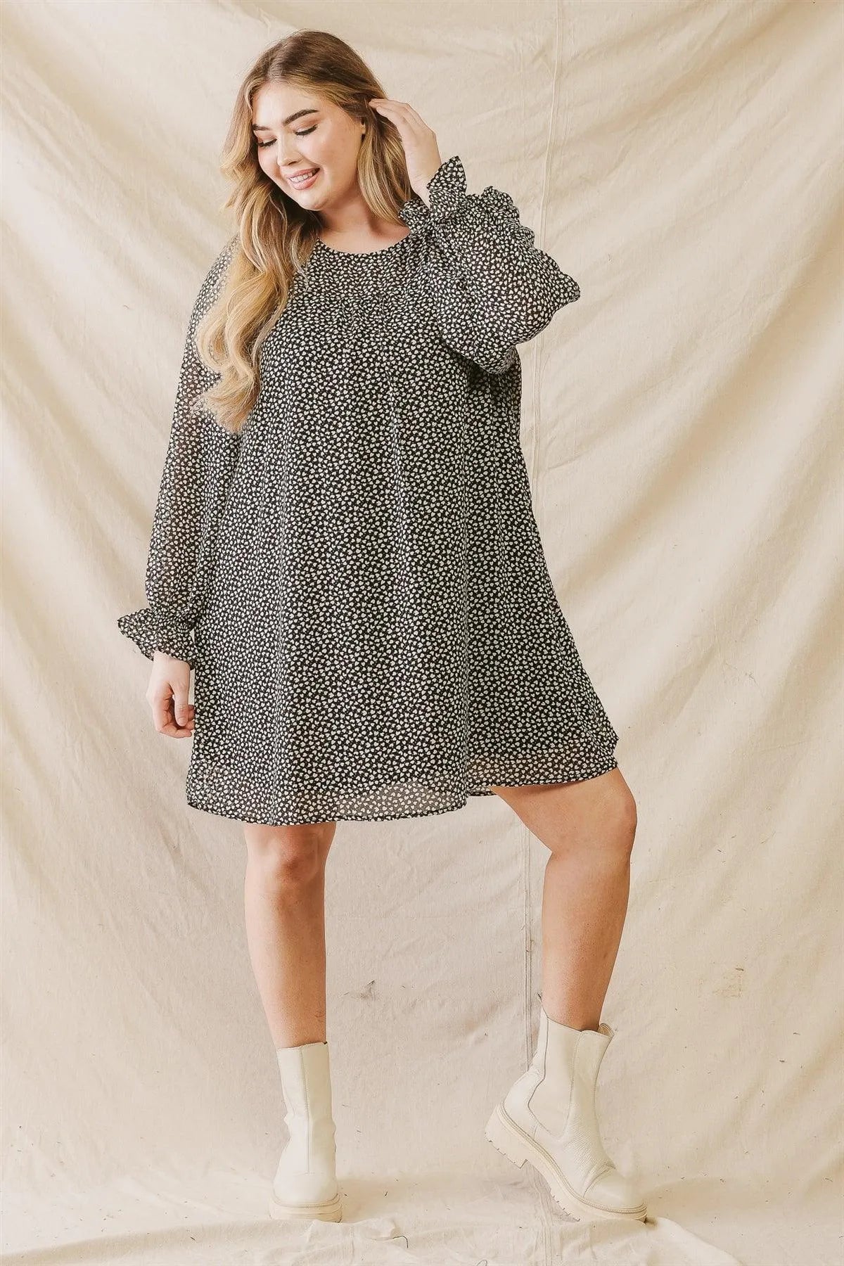 Junior Plus Black Print Ruffle Detail Long Sleeve Mini Dress /2-2-1 - Tasha Apparel Wholesale