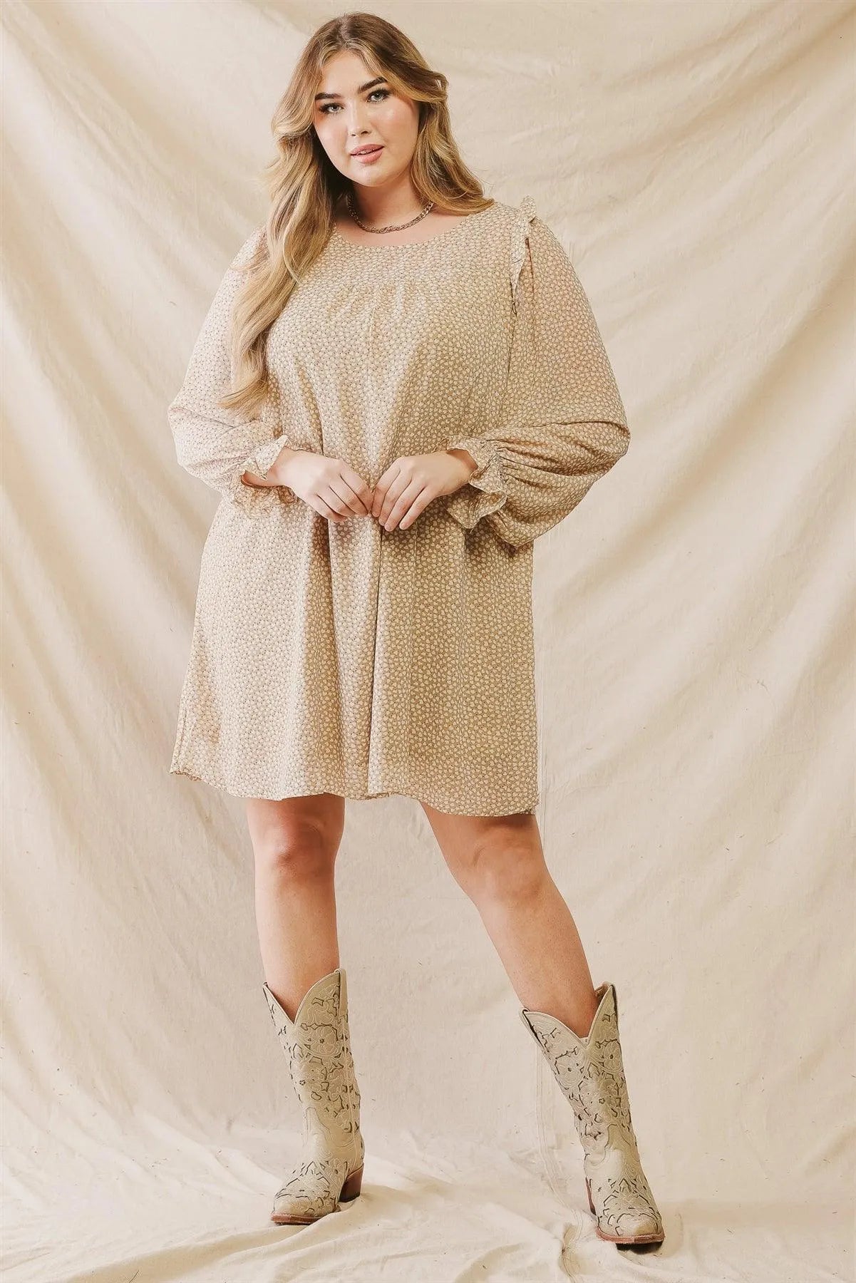 Junior Plus Tan Print Ruffle Detail Long Sleeve Mini Dress /3-2-1 - Tasha Apparel Wholesale