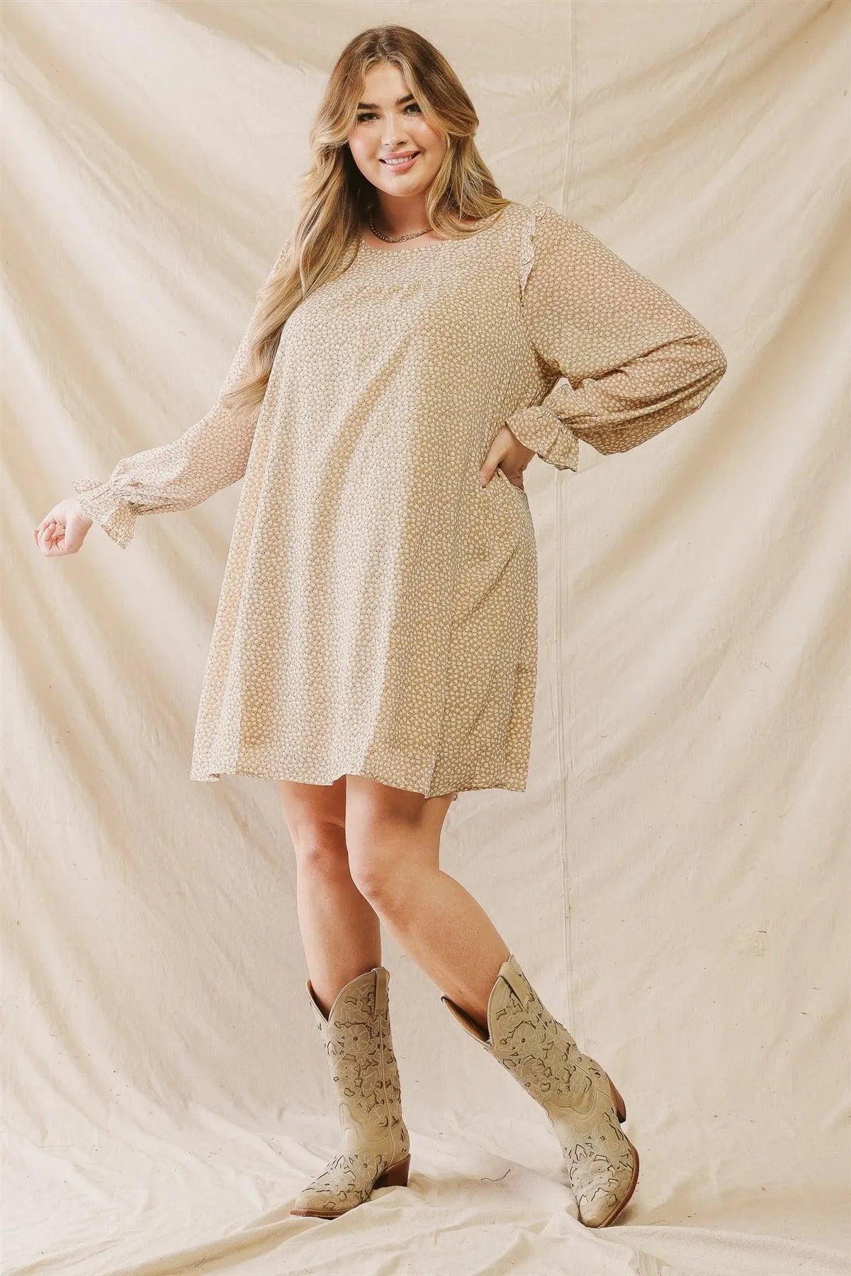 Junior Plus Tan Print Ruffle Detail Long Sleeve Mini Dress /3-3-2 - Tasha Apparel Wholesale