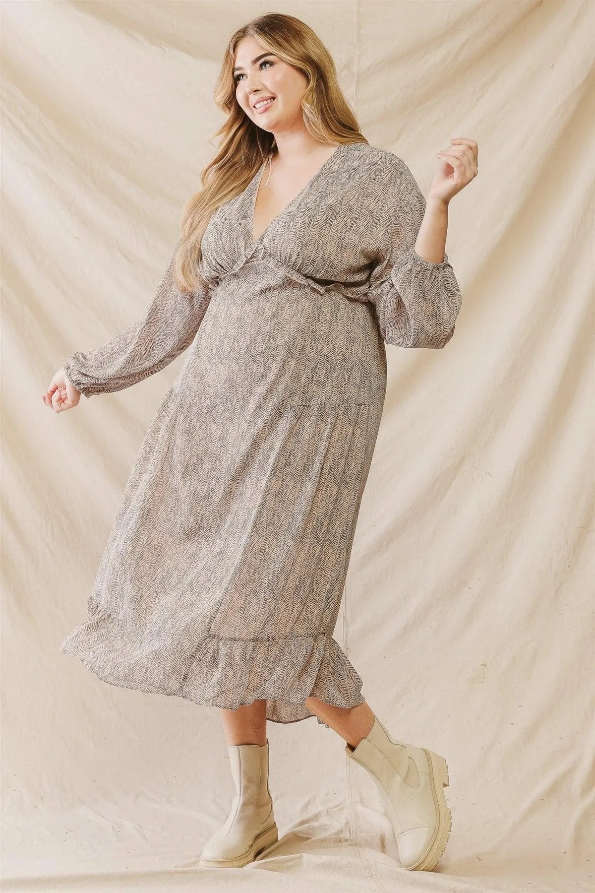 Junior Plus Mocha Printed V-Neck Ruffle Detail Flare Hem Midi Dress /3-2-1 - Tasha Apparel Wholesale