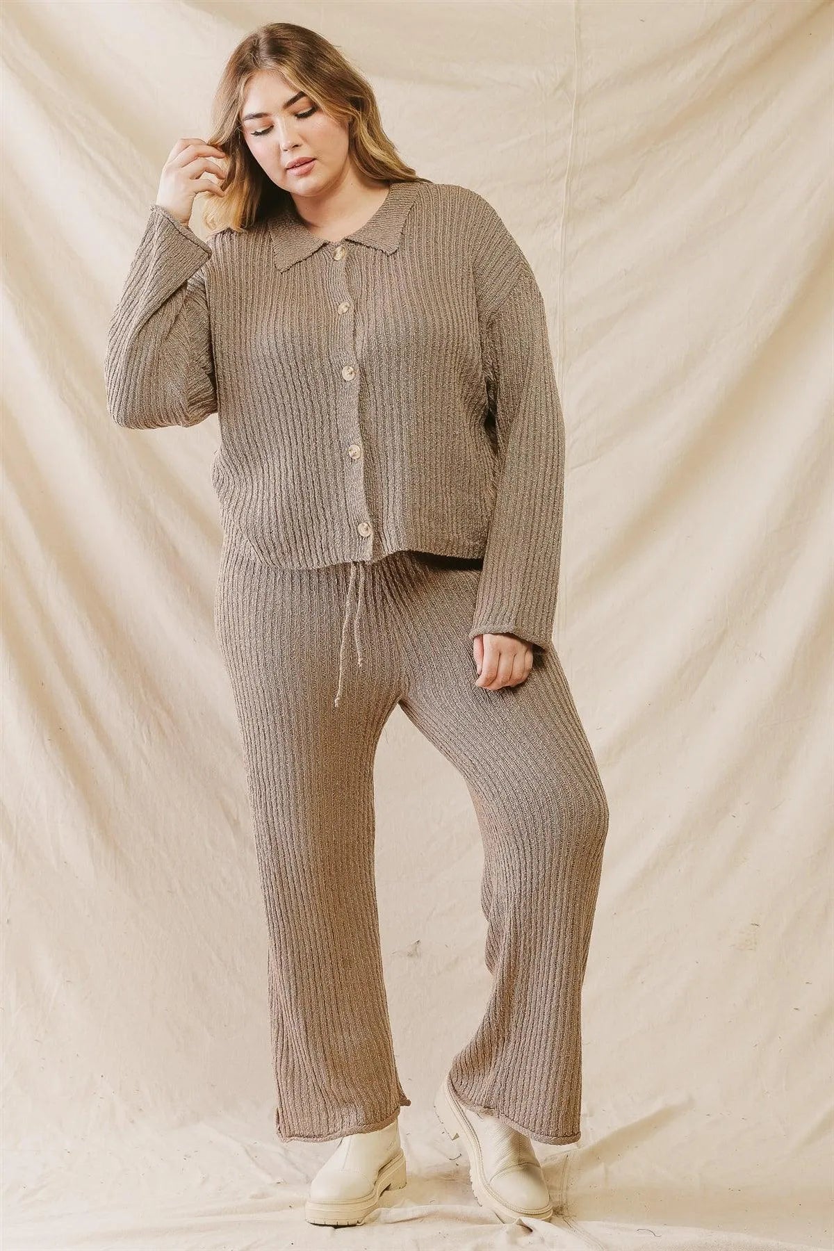 Junior Plus Mocha Knit Button-Up Collared Sweater & Wide Leg Pants Set /1-1-1 - Tasha Apparel Wholesale