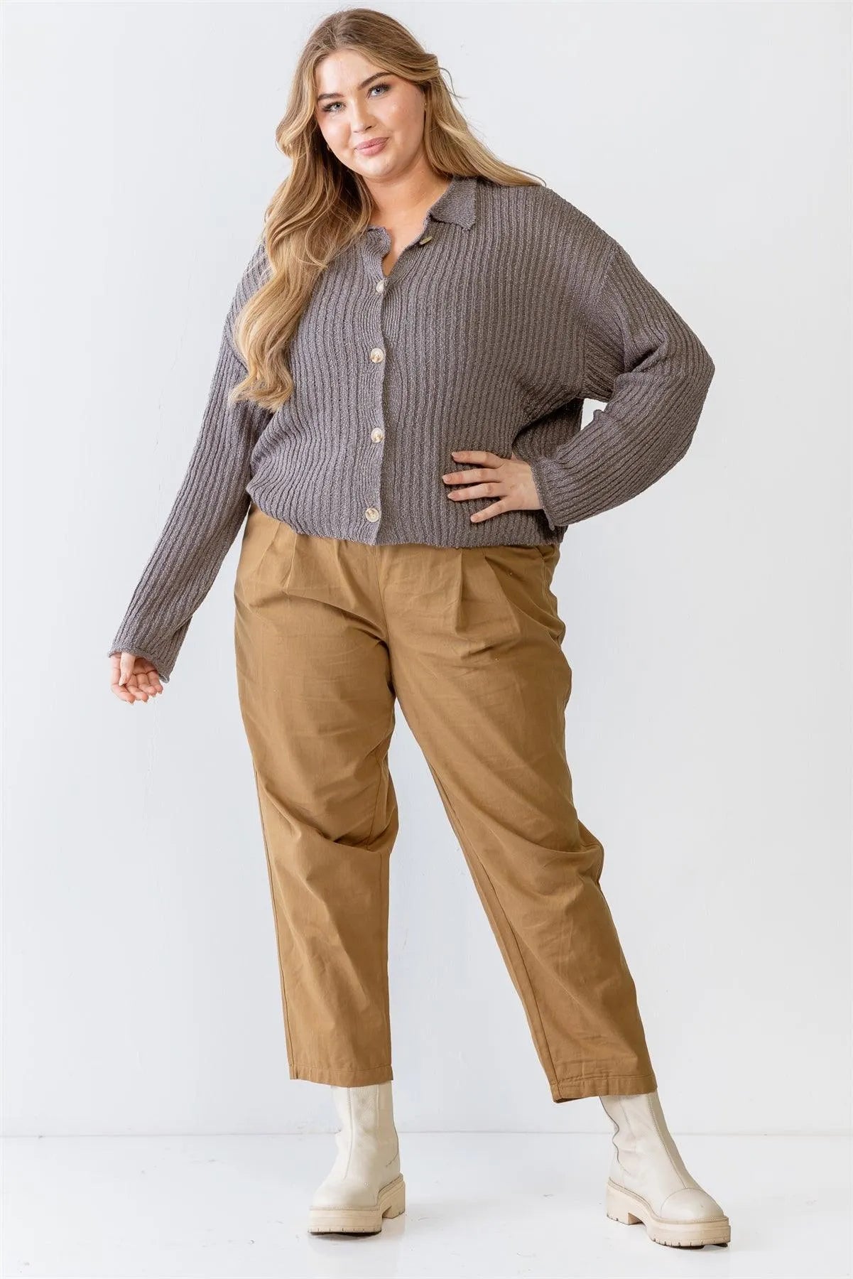 Junior Plus Charcoal Knit Ribbed Button-Up Collared Sweater /3-2-1 - Tasha Apparel Wholesale