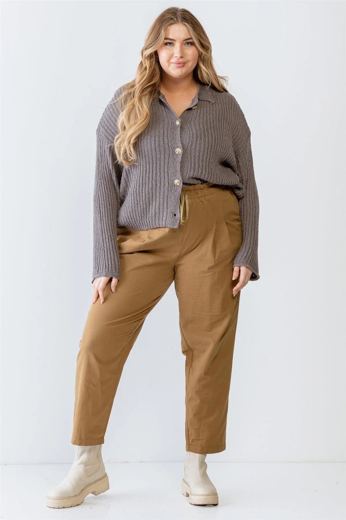 Junior Plus Charcoal Knit Ribbed Button-Up Collared Sweater /2-3-1 - Tasha Apparel Wholesale