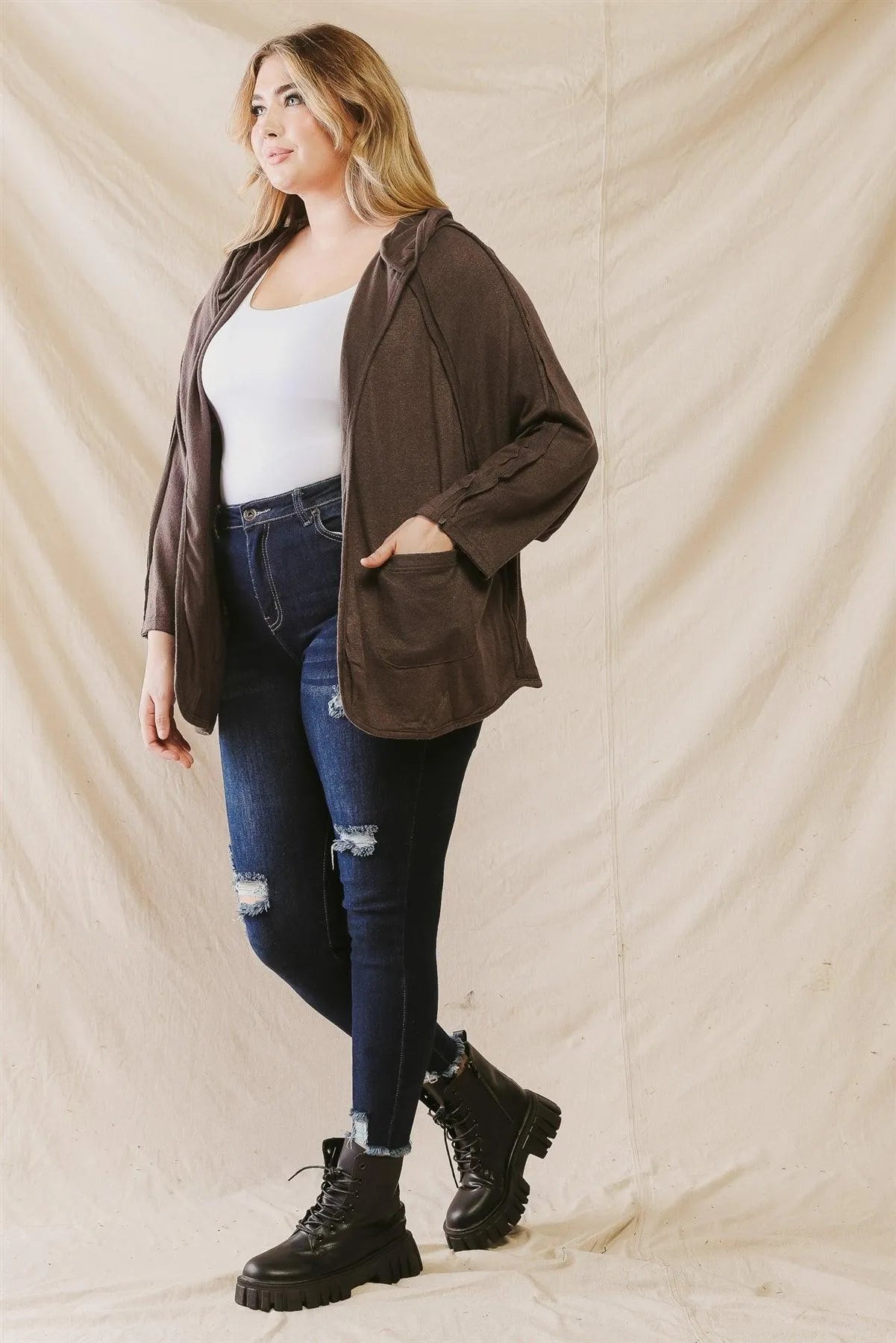 Plus Size Inside-Out Hooded Open Front Cardigan /3-2-1 - Tasha Apparel Wholesale