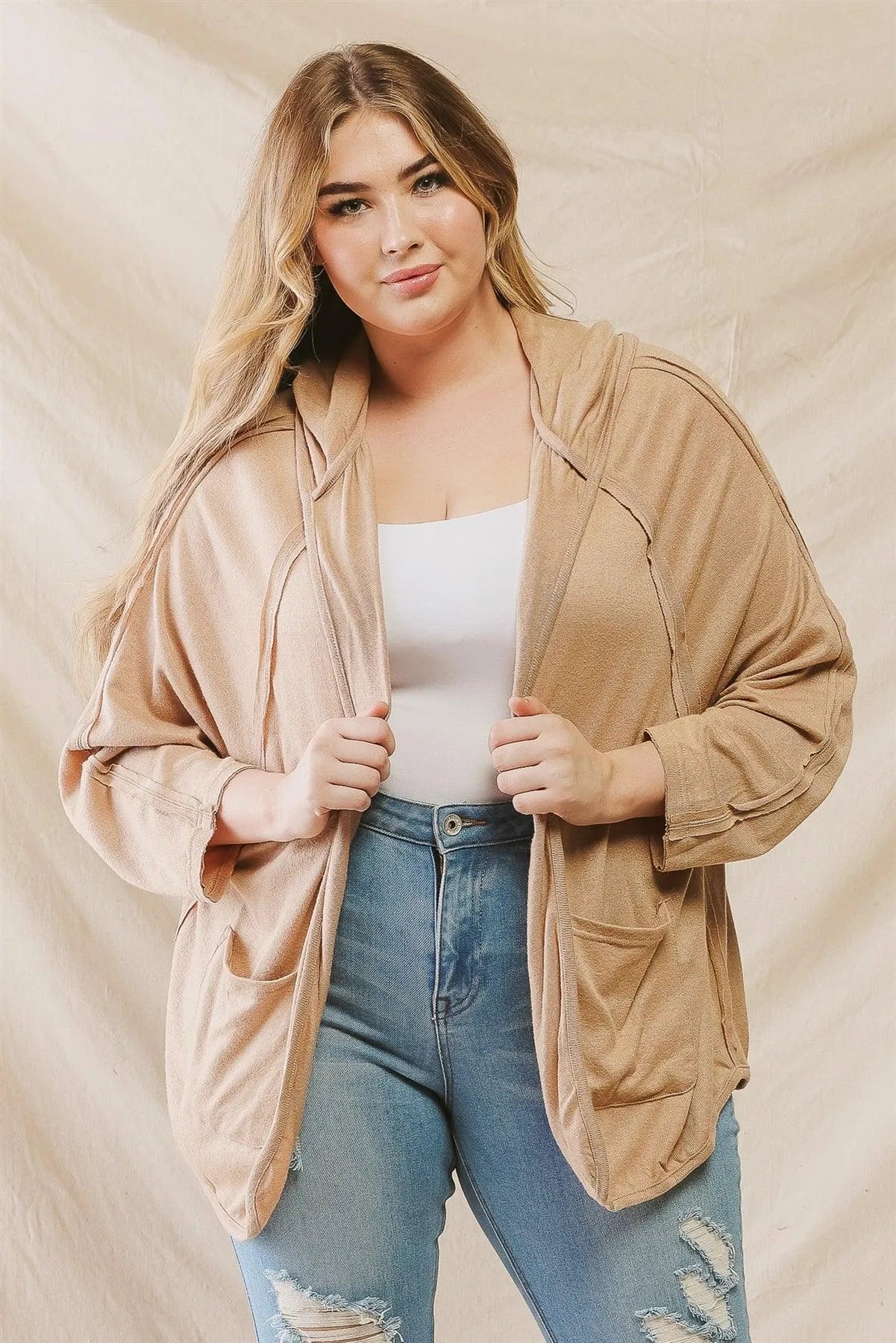 Junior Plus Mocha Inside-Out Detail Two Pocket Hooded Open Front Cardigan /3-2-1 - Tasha Apparel Wholesale