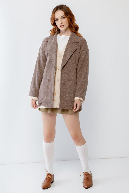 Mocha Knit Collared Two Pocket Open Front Cardigan /2-2-2