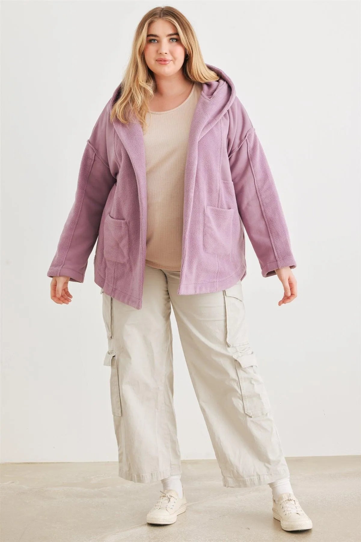 Plus Size Plush Mauve Hooded Fleece Jacket /2-2-2 - Tasha Apparel Wholesale