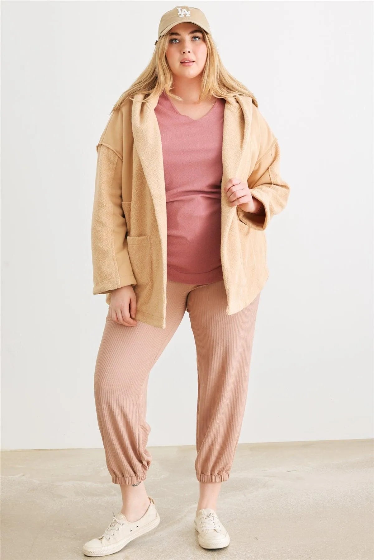 Junior Plus Taupe Two Pocket Open Front Soft To Touch Hooded Cardigan Jacket /2-2-2 - Tasha Apparel Wholesale