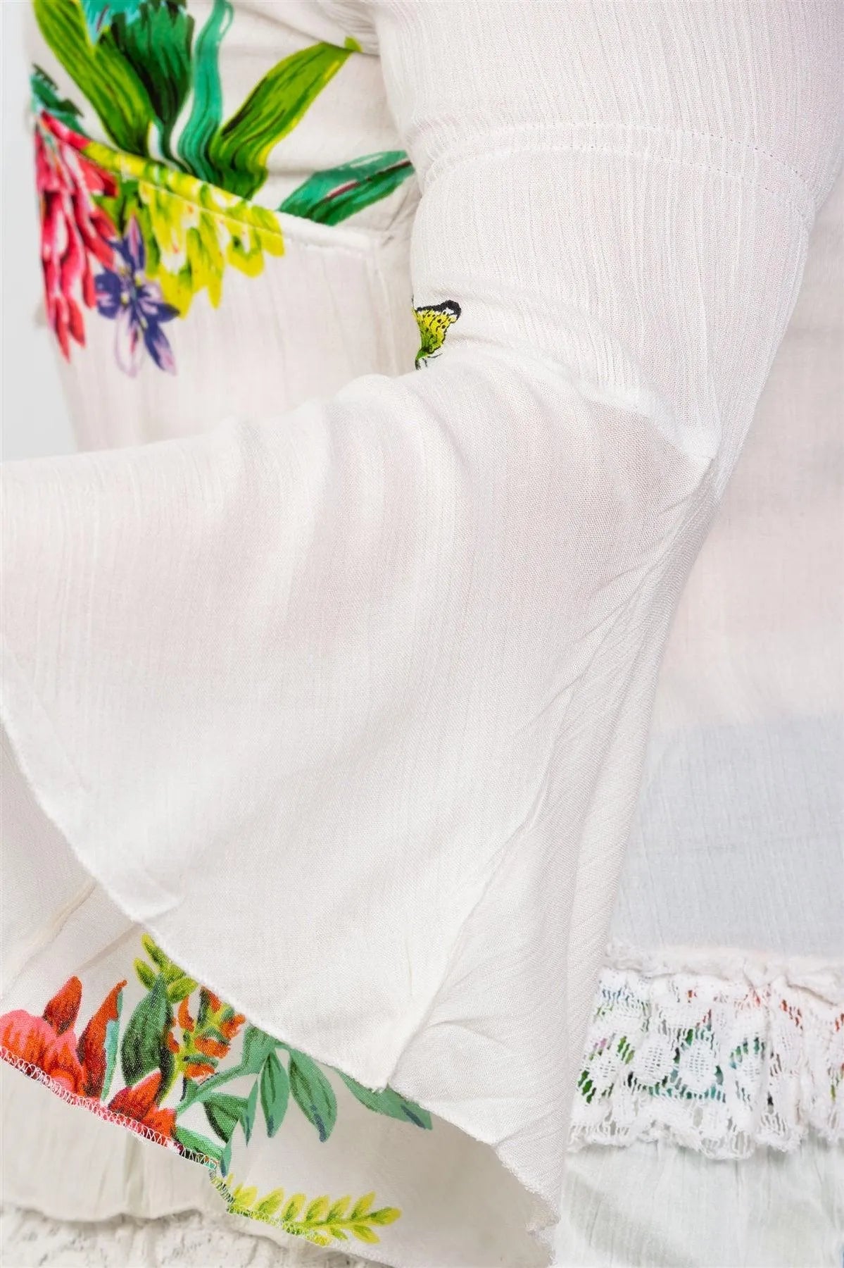 Boho White Plus Size Floral Mix Print Lace Ruffle Hem Top /2-2-2 - Tasha Apparel Wholesale