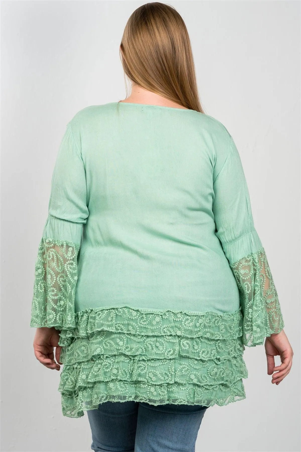 Junior Plus Size Boho Mint Lace Hem V Neck Tunic Top /3-2 - Tasha Apparel Wholesale