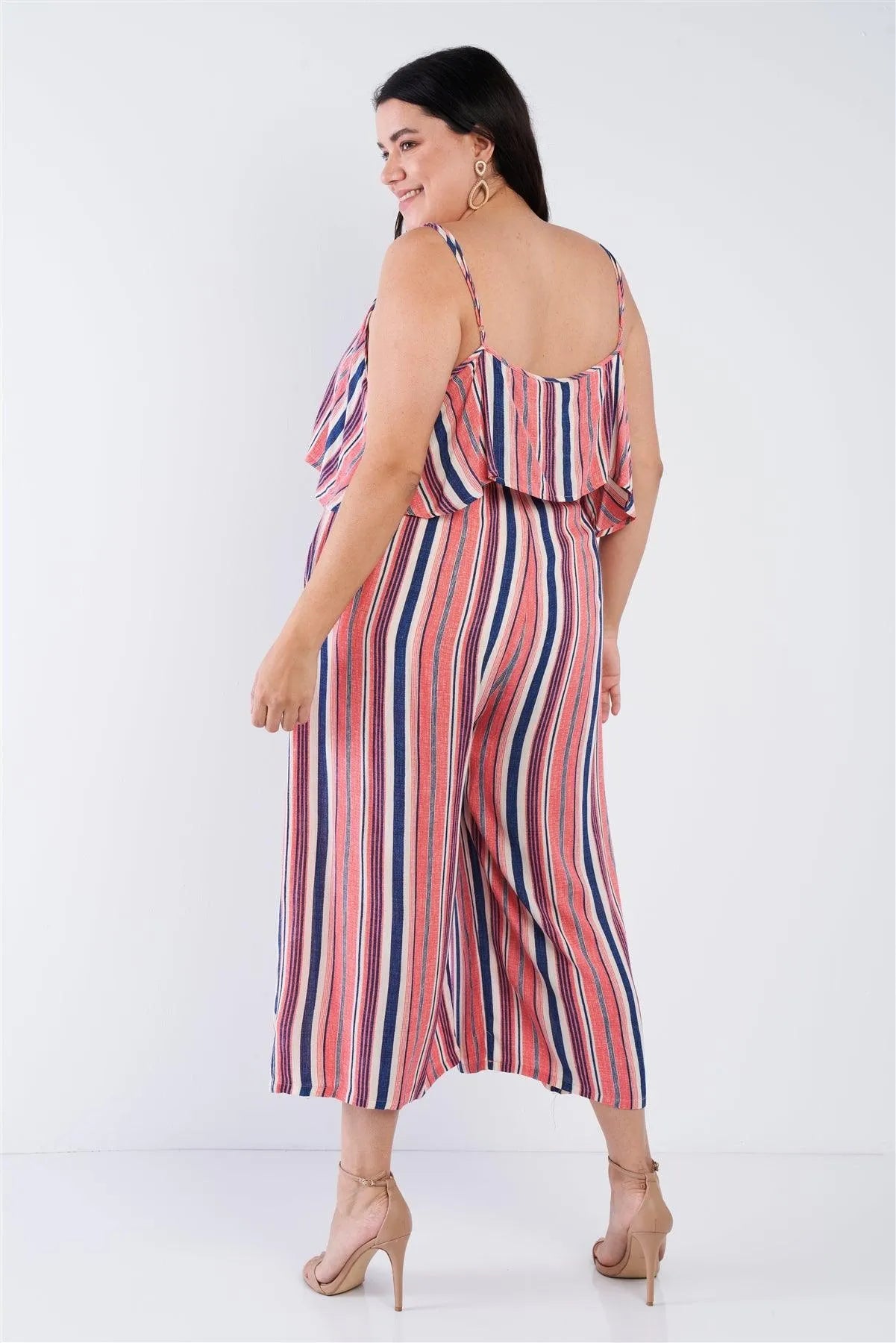 Plus Size Coral Striped Flowy Boho Jumpsuit /1-1-2 - Tasha Apparel Wholesale
