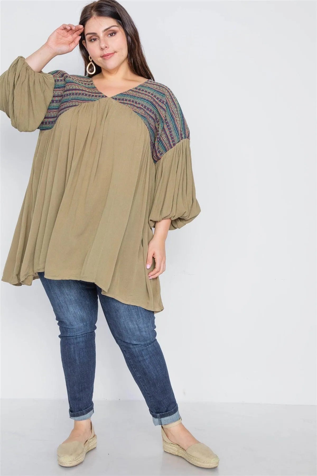 Plus Size Mocha Peasant Sleeve Loose Fit Boho Top /3-3 - Tasha Apparel Wholesale