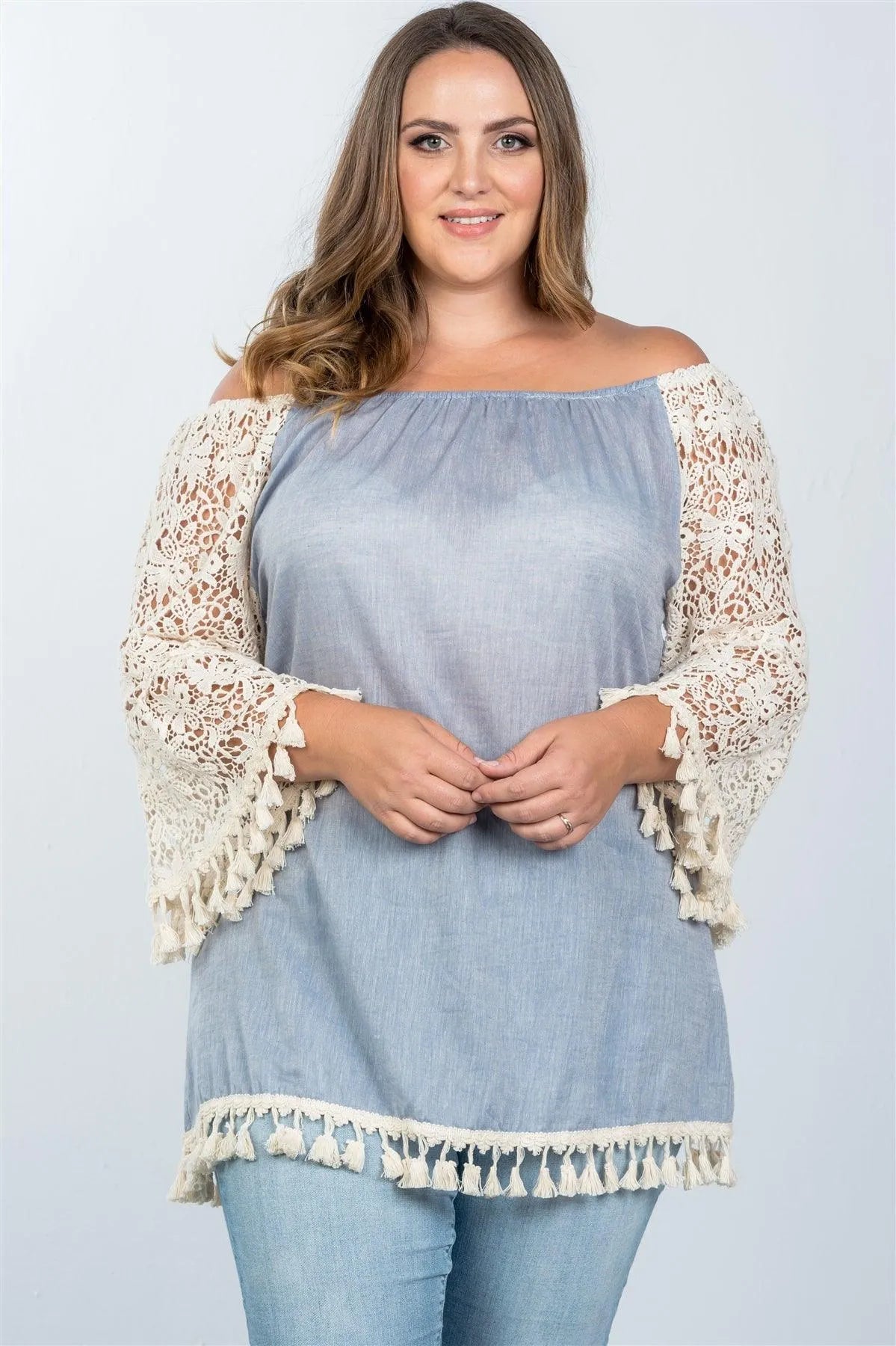 Boho Blue Plus Size Off The Shoulder Tassel Top /2-2-2 - Tasha Apparel Wholesale