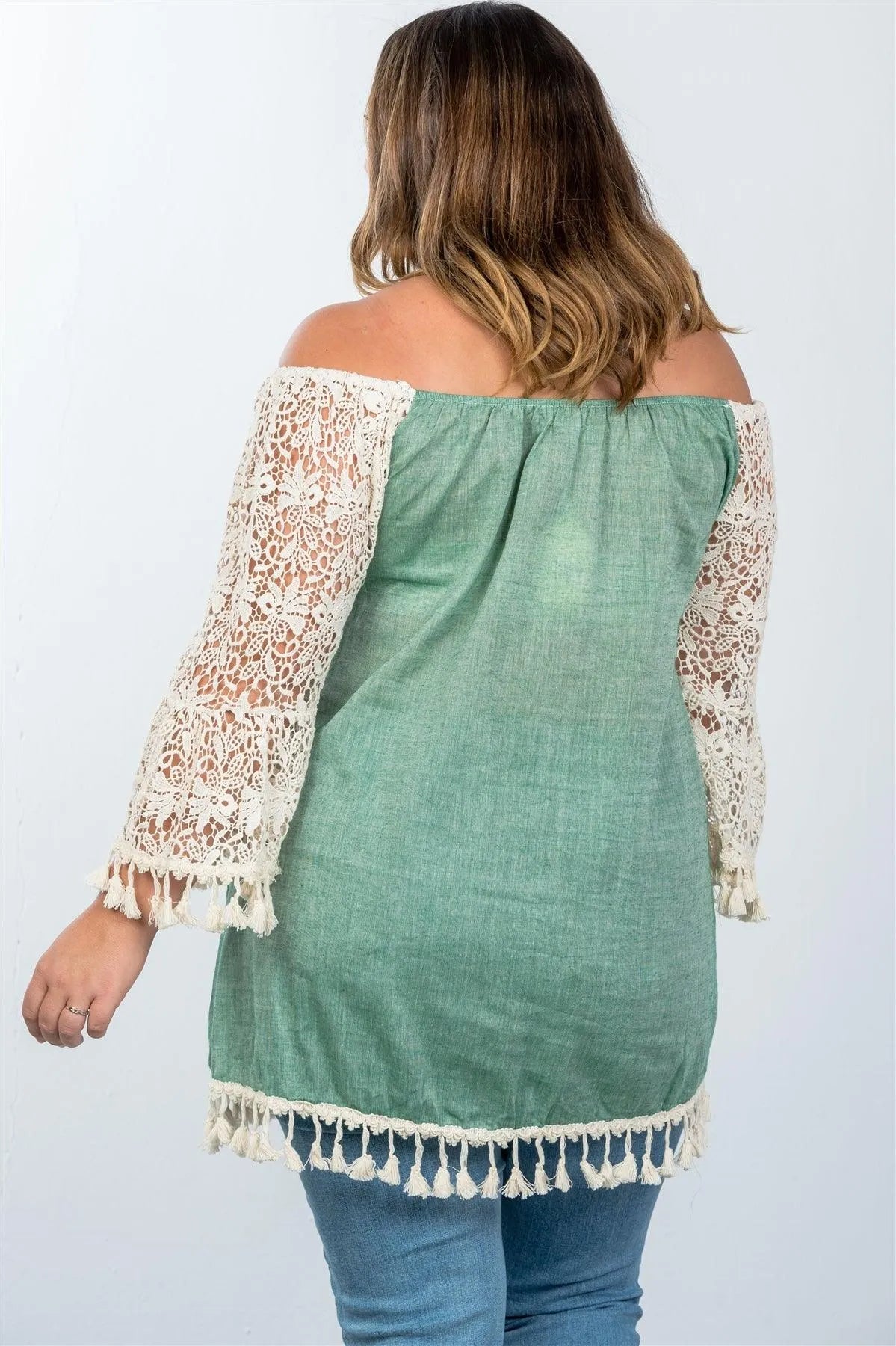 Boho Green Plus Size Off The Shoulder Tassel Top /3-2 - Tasha Apparel Wholesale