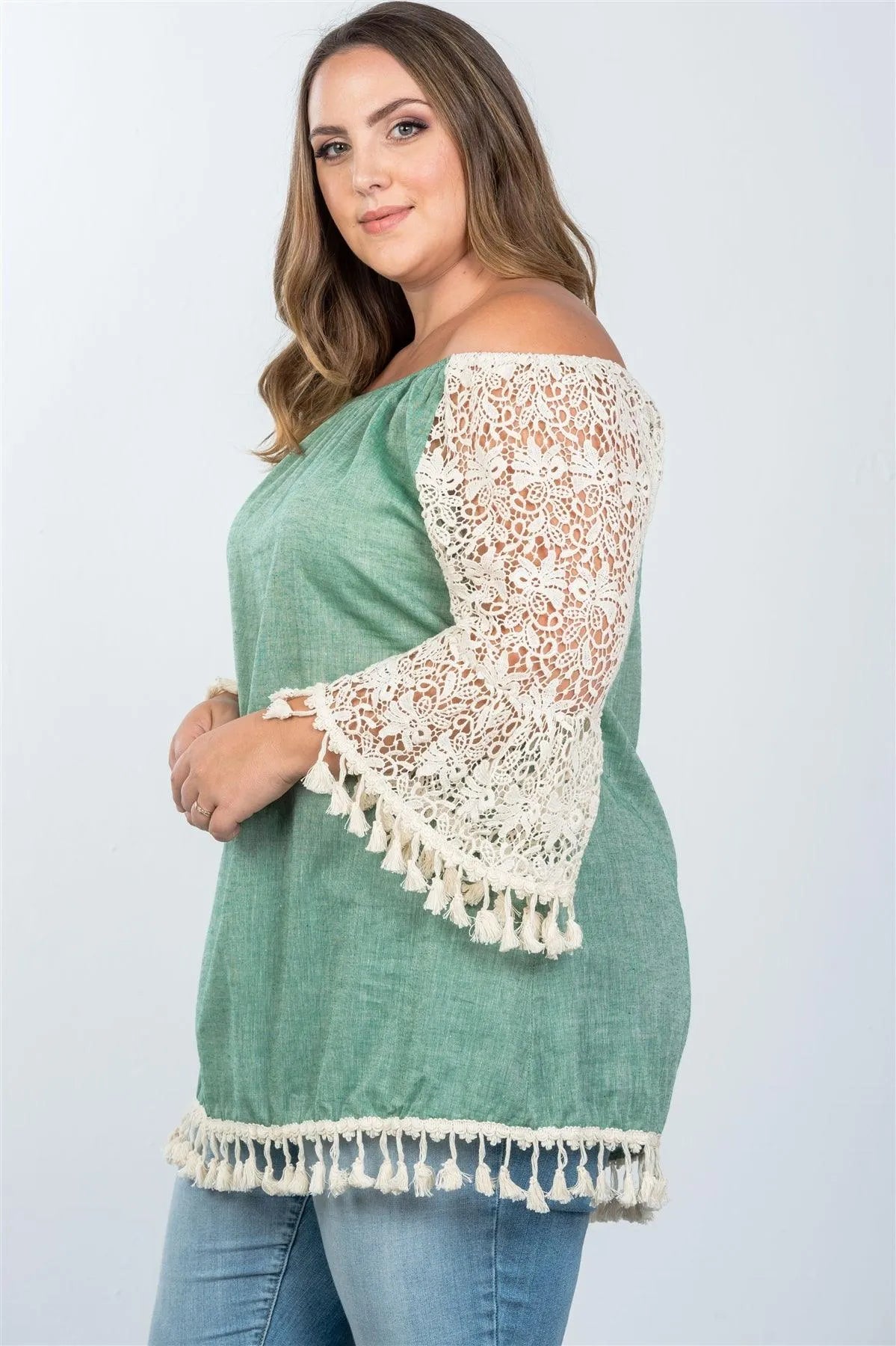 Boho Green Plus Size Off The Shoulder Tassel Top /2-2-2 - Tasha Apparel Wholesale