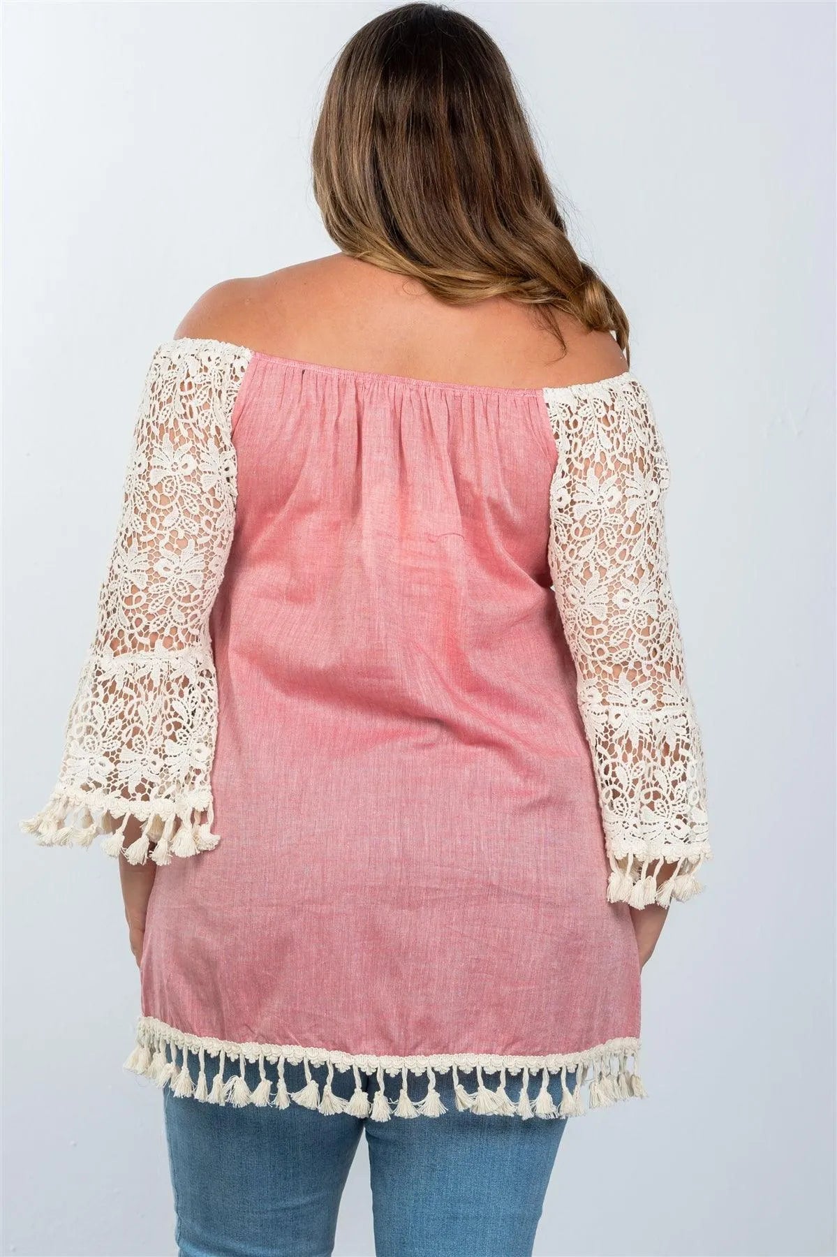 Boho Pink Plus Size Off The Shoulder Tassel Top /1-2-2 - Tasha Apparel Wholesale