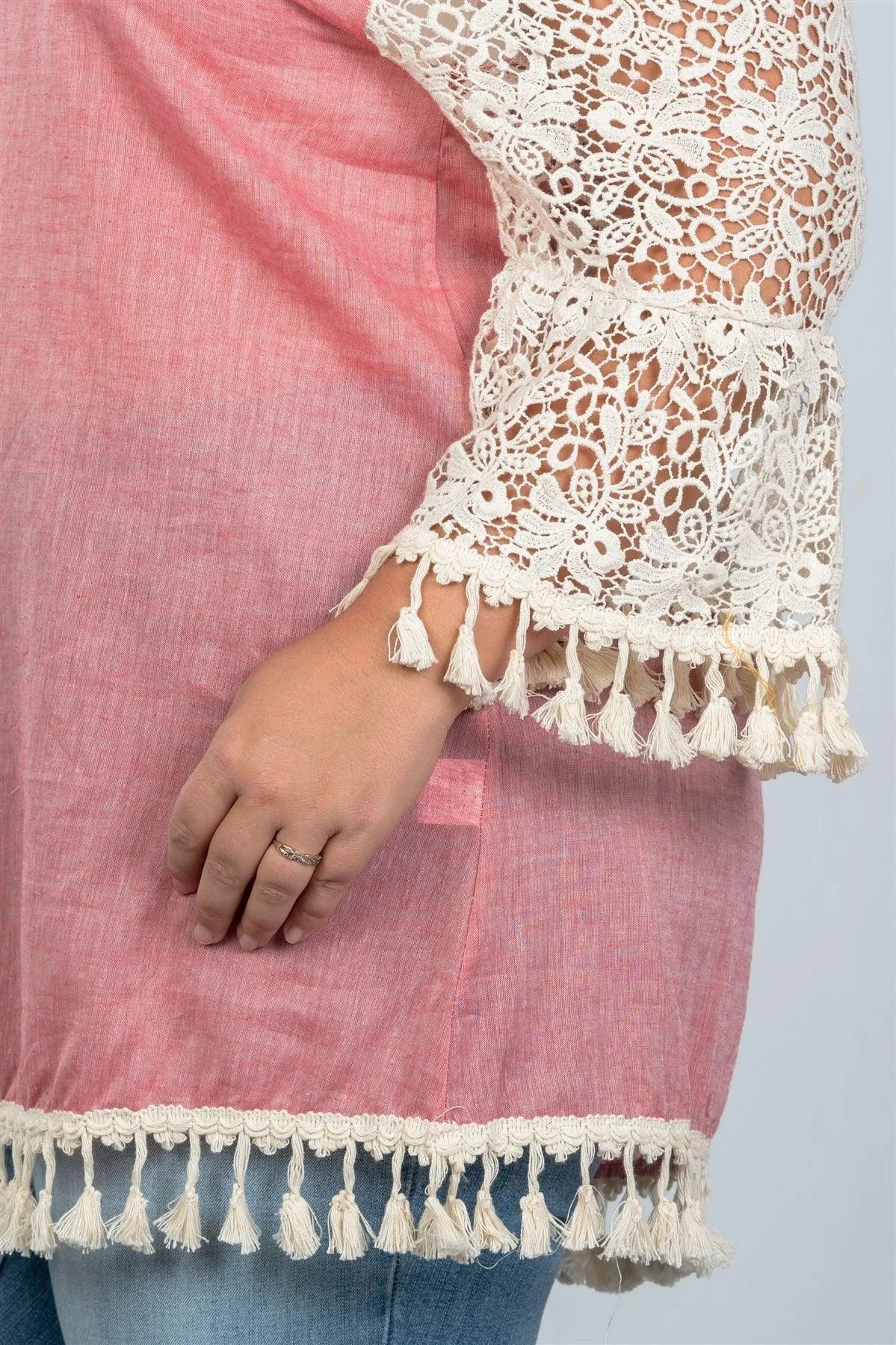Boho Pink Plus Size Off The Shoulder Tassel Top /2-2-2 - Tasha Apparel Wholesale