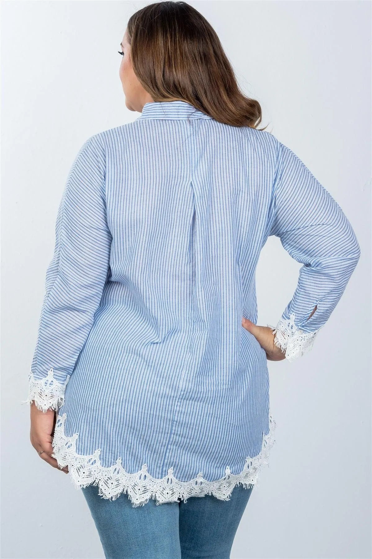 Plus Size Boho Blue Stripe Crochet-Hem Button-Up Shirt /6-1 - Tasha Apparel Wholesale