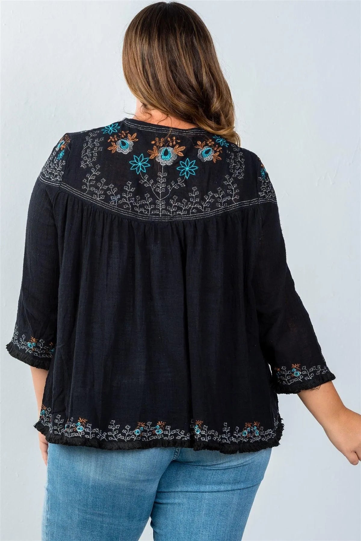 Plus Size Black Embroidery Flower Tassel Cardigan /5-1 - Tasha Apparel Wholesale