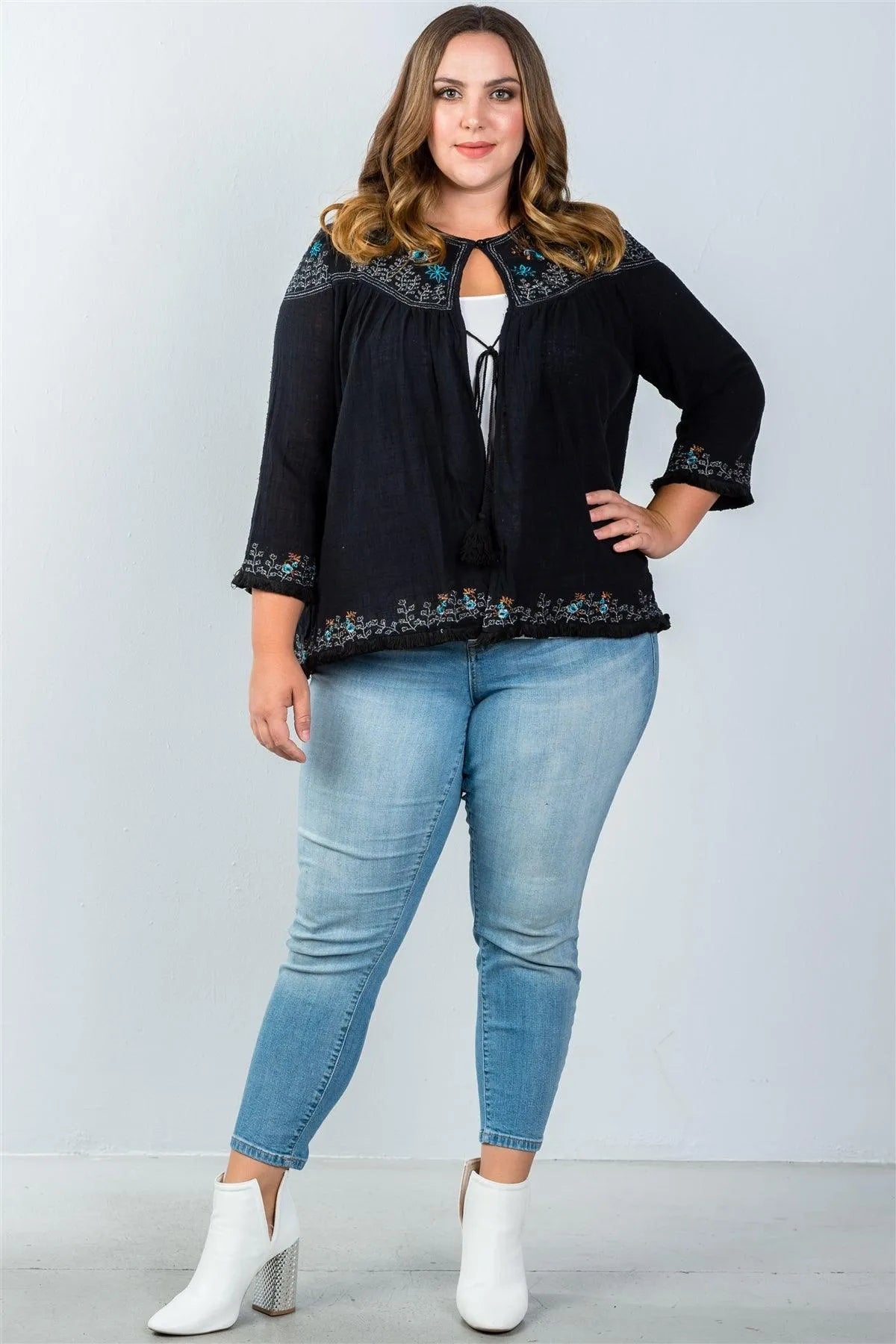 Plus Size Black Embroidery Flower Tassel Cardigan /2-2-2 - Tasha Apparel Wholesale