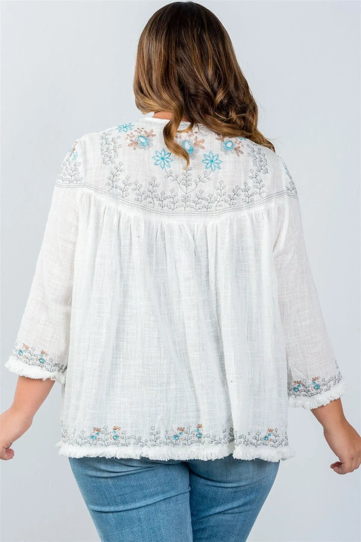 Junior Plus Size White Embroidery Flower Tassel Cardigan /1-2-2 - Tasha Apparel Wholesale