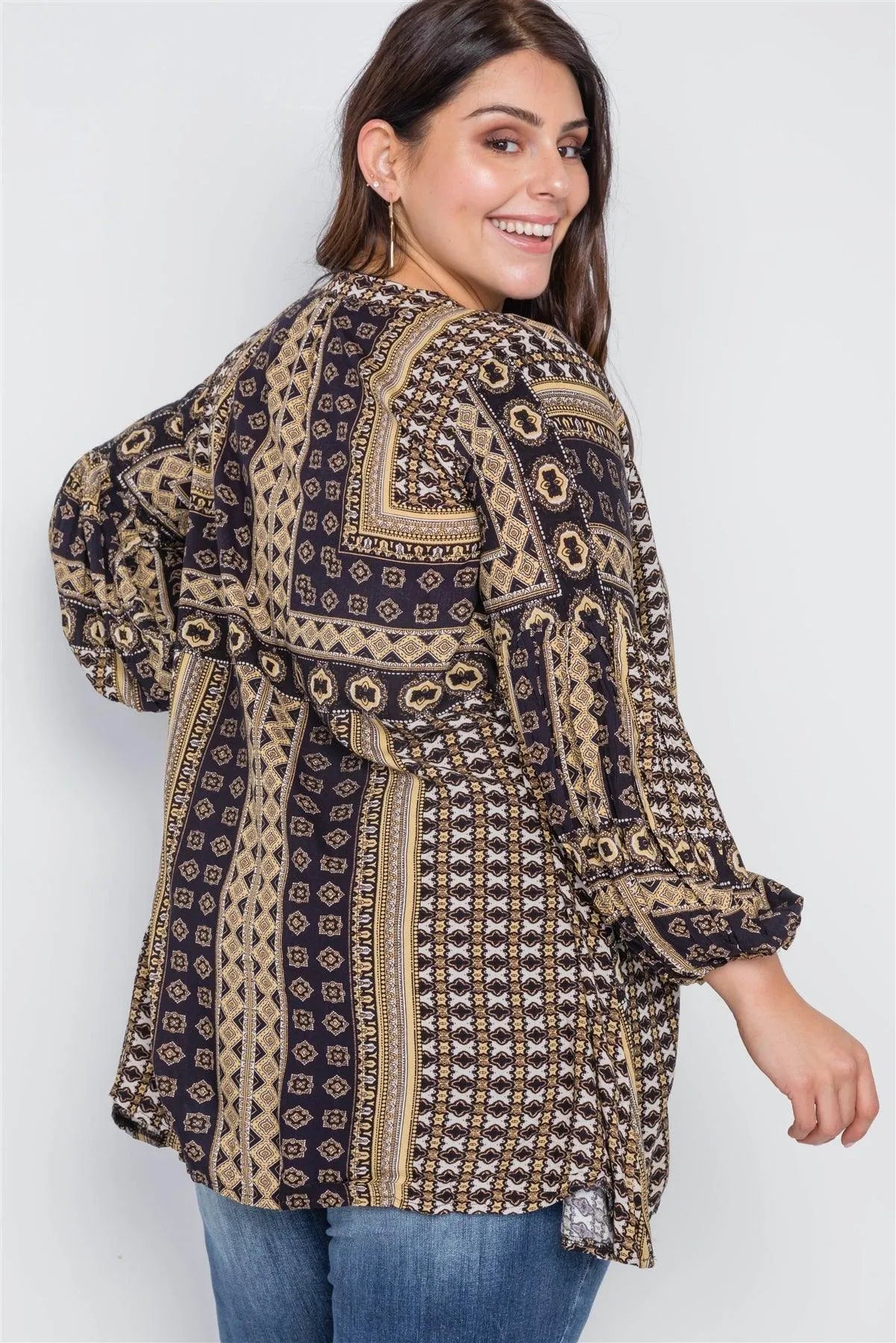 Boho Black Plus Size Swing Mix Print Tunic Top - Tasha Apparel Wholesale