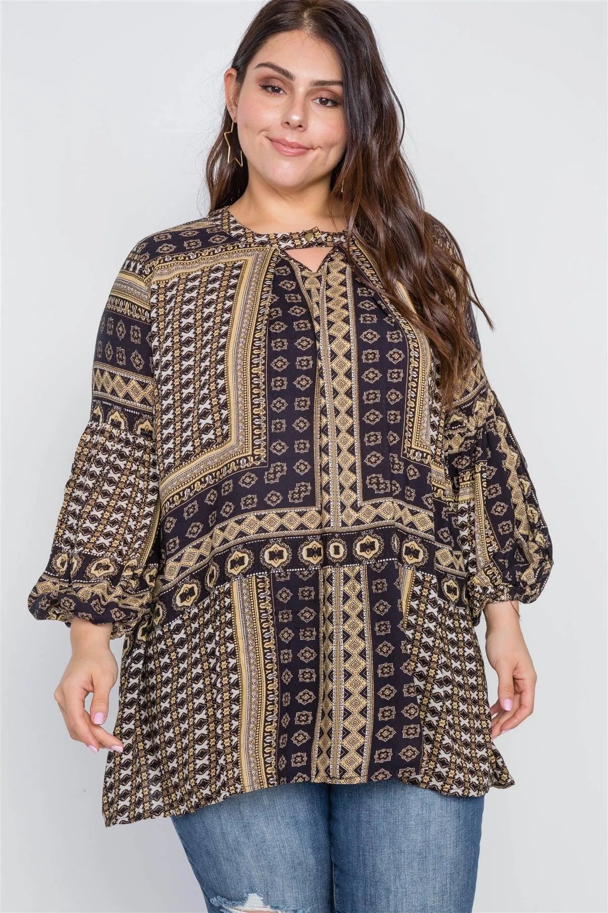 Boho Grey Plus Size Swing Mix Print Tunic Top - Tasha Apparel Wholesale