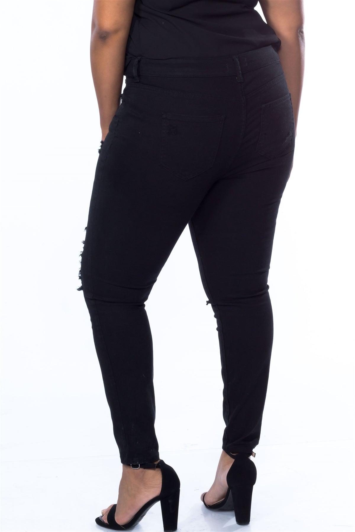 Cotton Spandex Black Plus Size Distressed Skinny Jeans