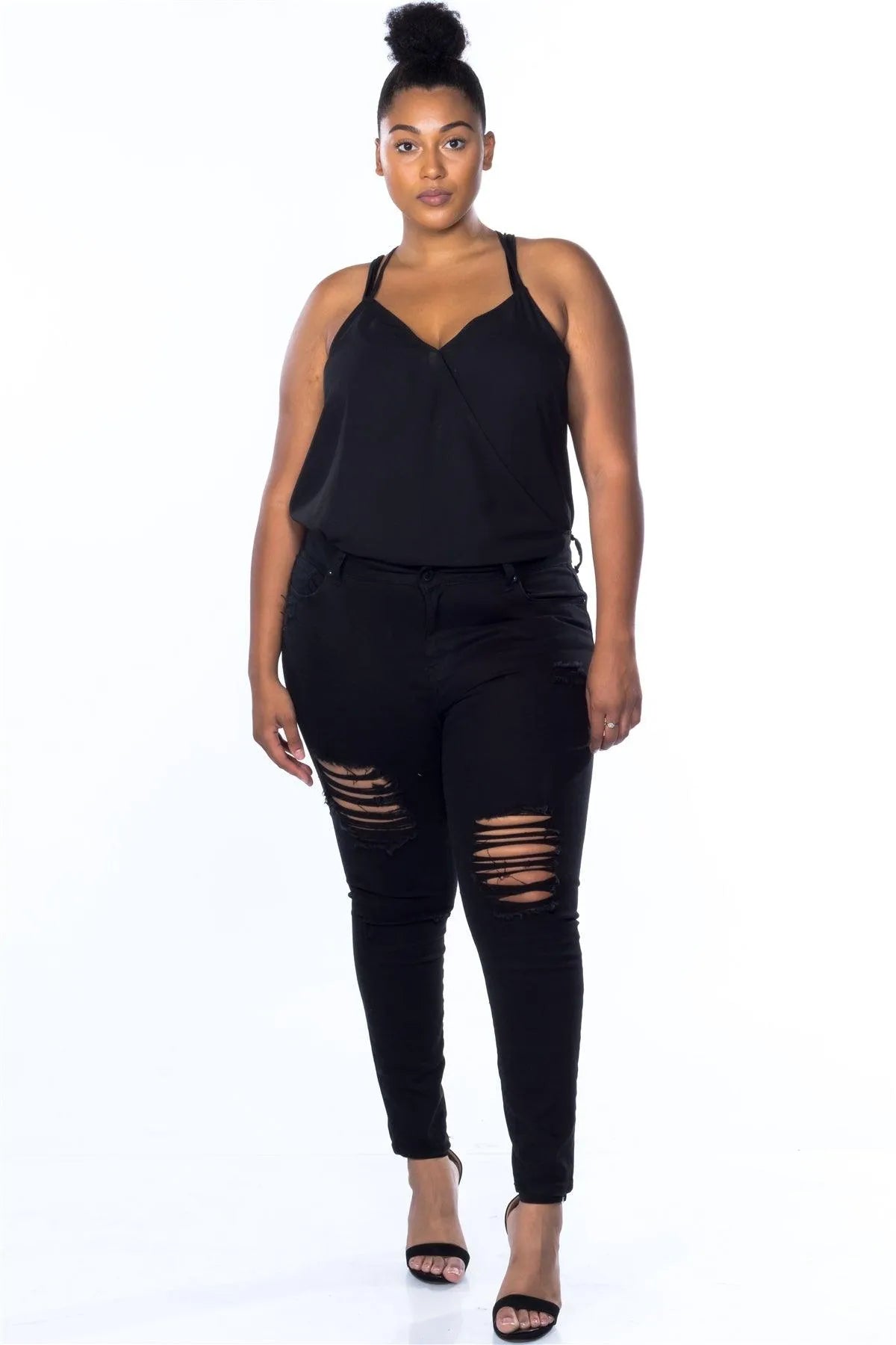 Junior Plus Size Made in Egypt Cotton Spandex Black Distressed Ripped Skinny Jeans /2-2-2-1 - Tasha Apparel Wholesale