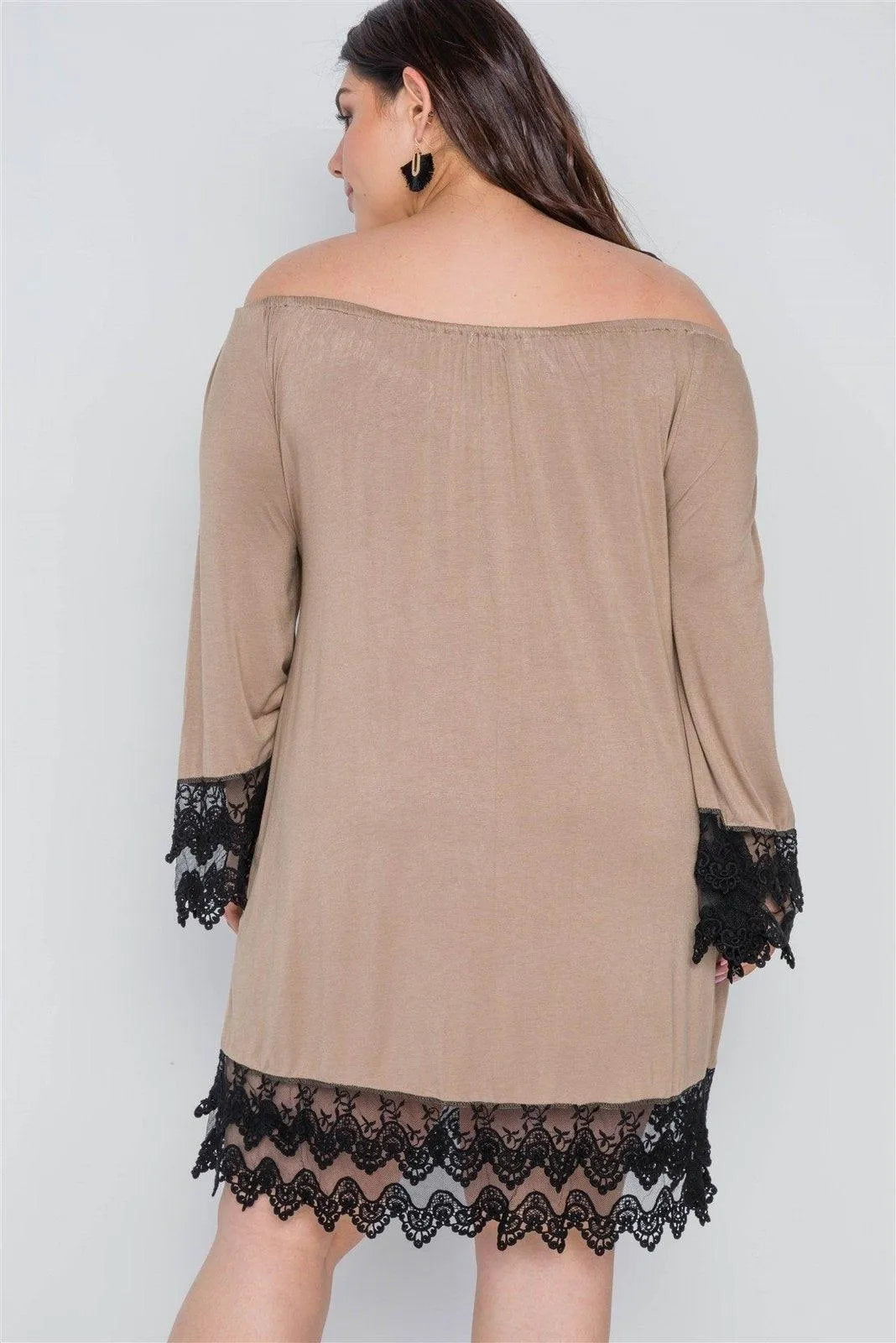 Plus Size Mocha Off-The-Shoulder Lace Hem Dress - Tasha Apparel Wholesale