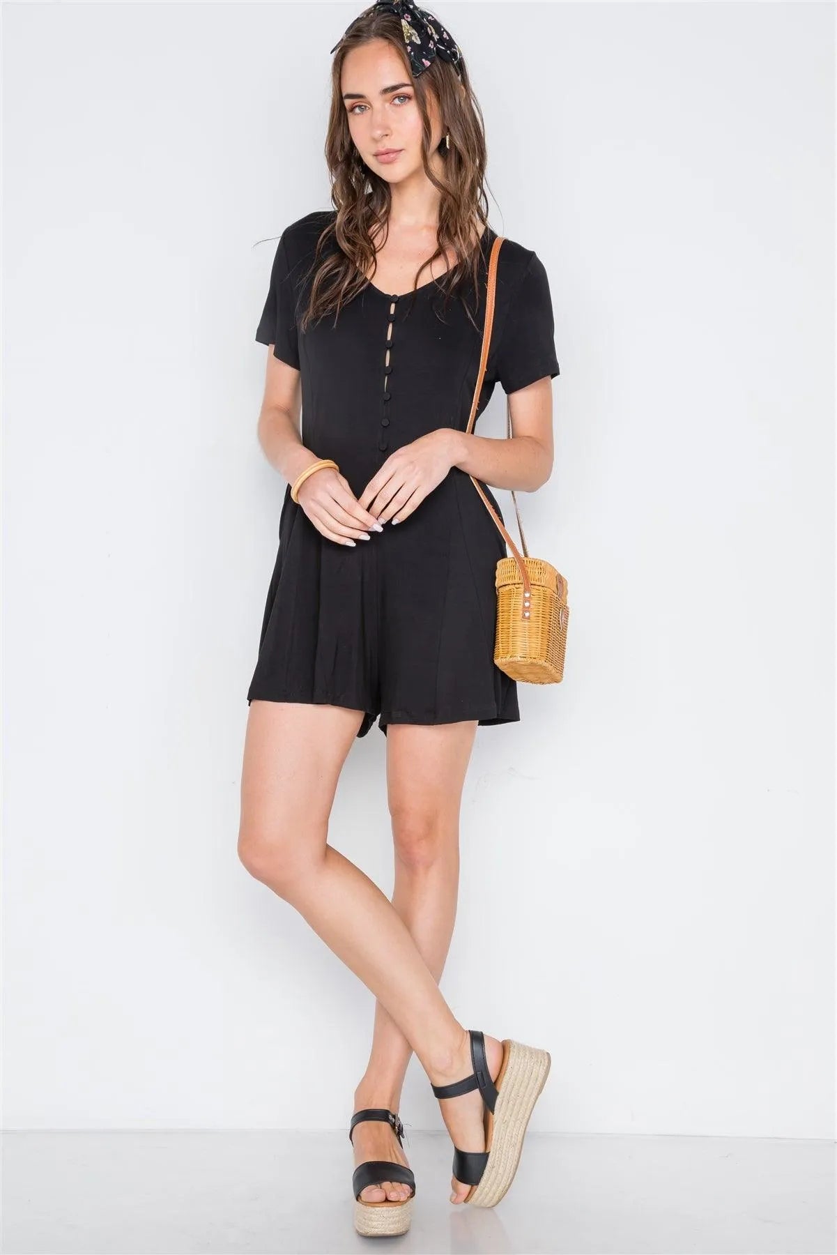 Black Solid Short Sleeve Button Down Romper /2-2-2 - Tasha Apparel Wholesale