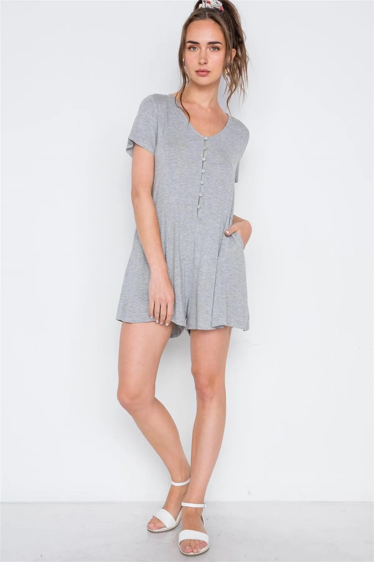 Heather Grey Solid Short Sleeve Button Down Romper /2-2-2 - Tasha Apparel Wholesale